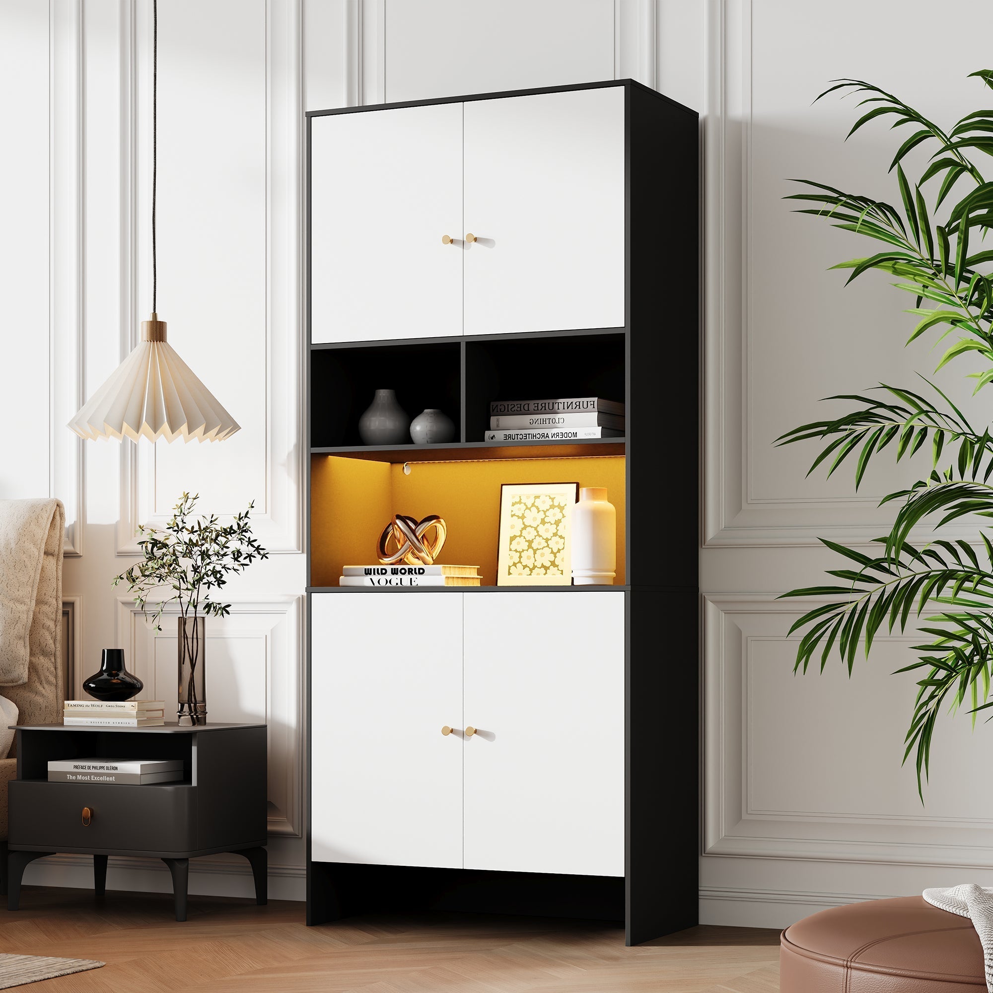 Multi-purpose Cabinet with 4 Doors and 3 Open Compartments, Black and White Wood