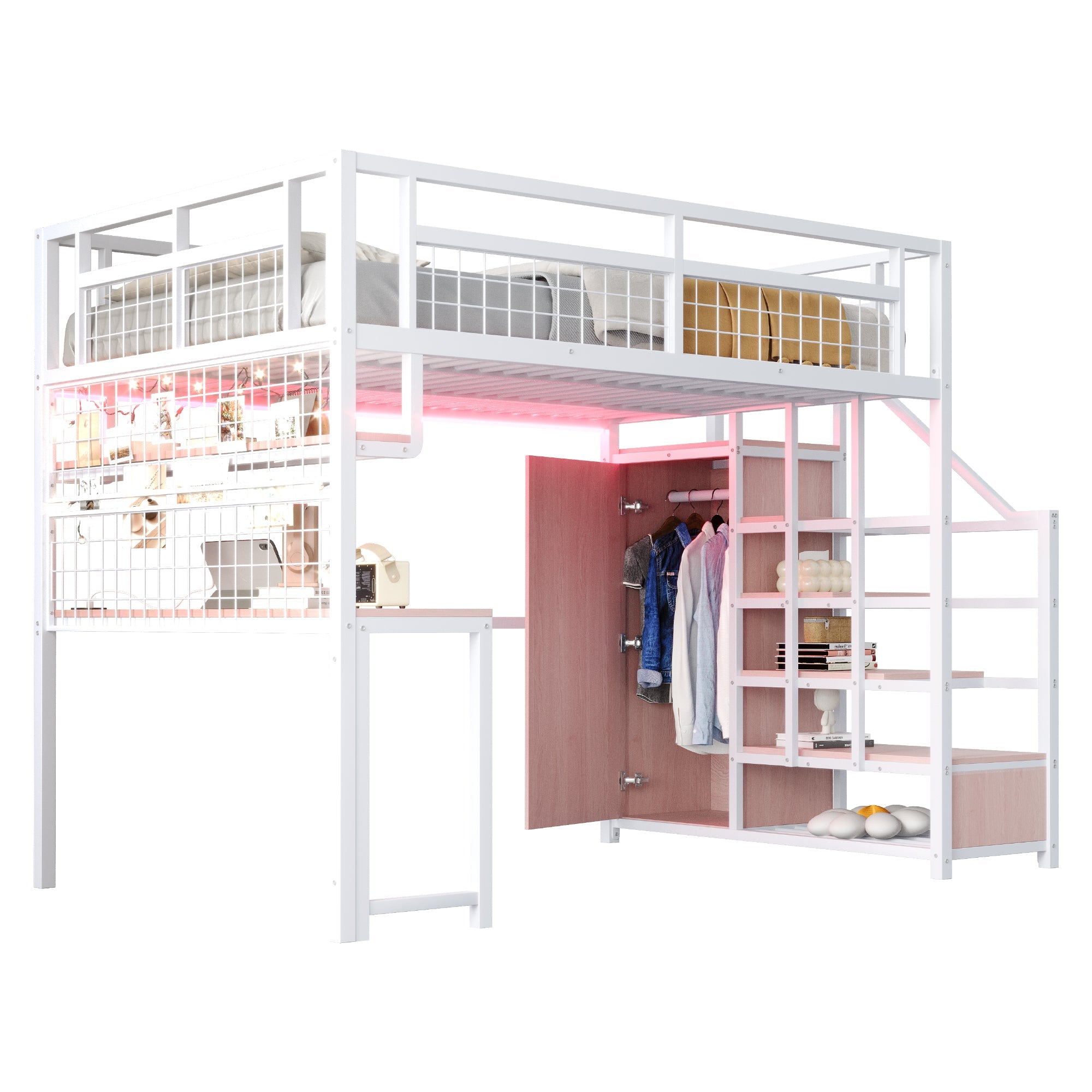 Metal Loft Bed with Storage Ladder, Wardrobe, Table and LED, 140x200cm, White Metal