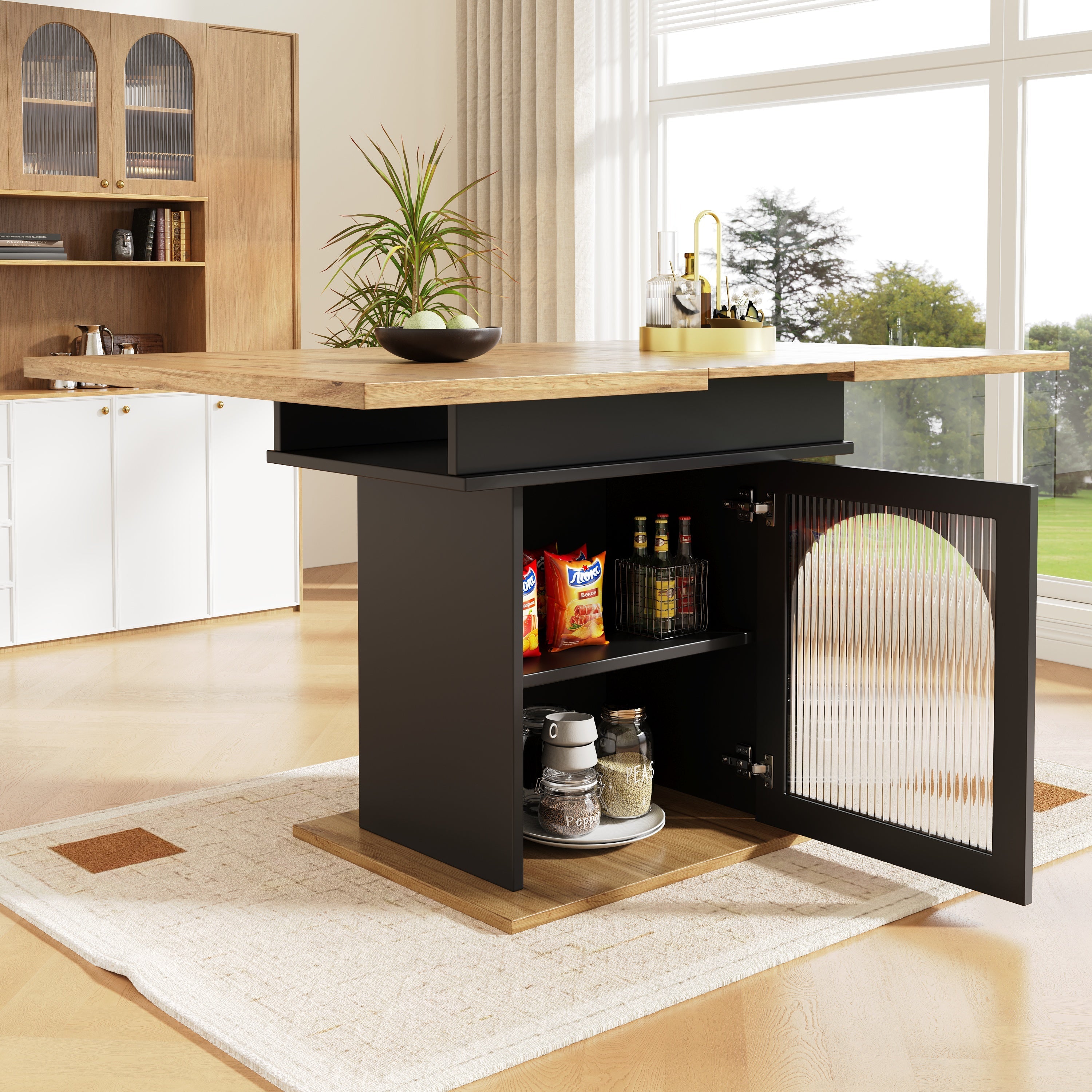 Telescopic Dining Table Extendable Space-Saving Storage Shelf natural + black