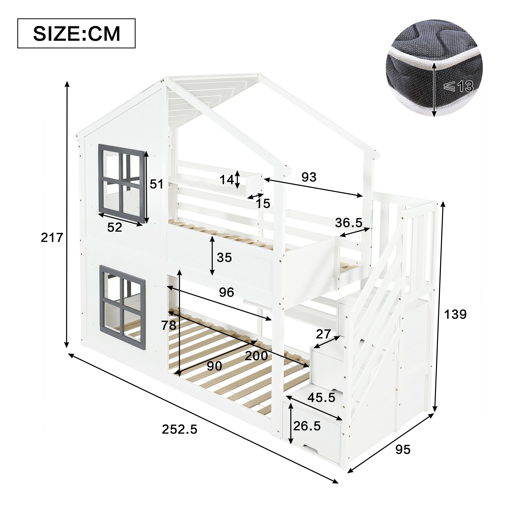 Children's Bunk Bed with Windows, Roof and Storage Cabinet, White and Grey