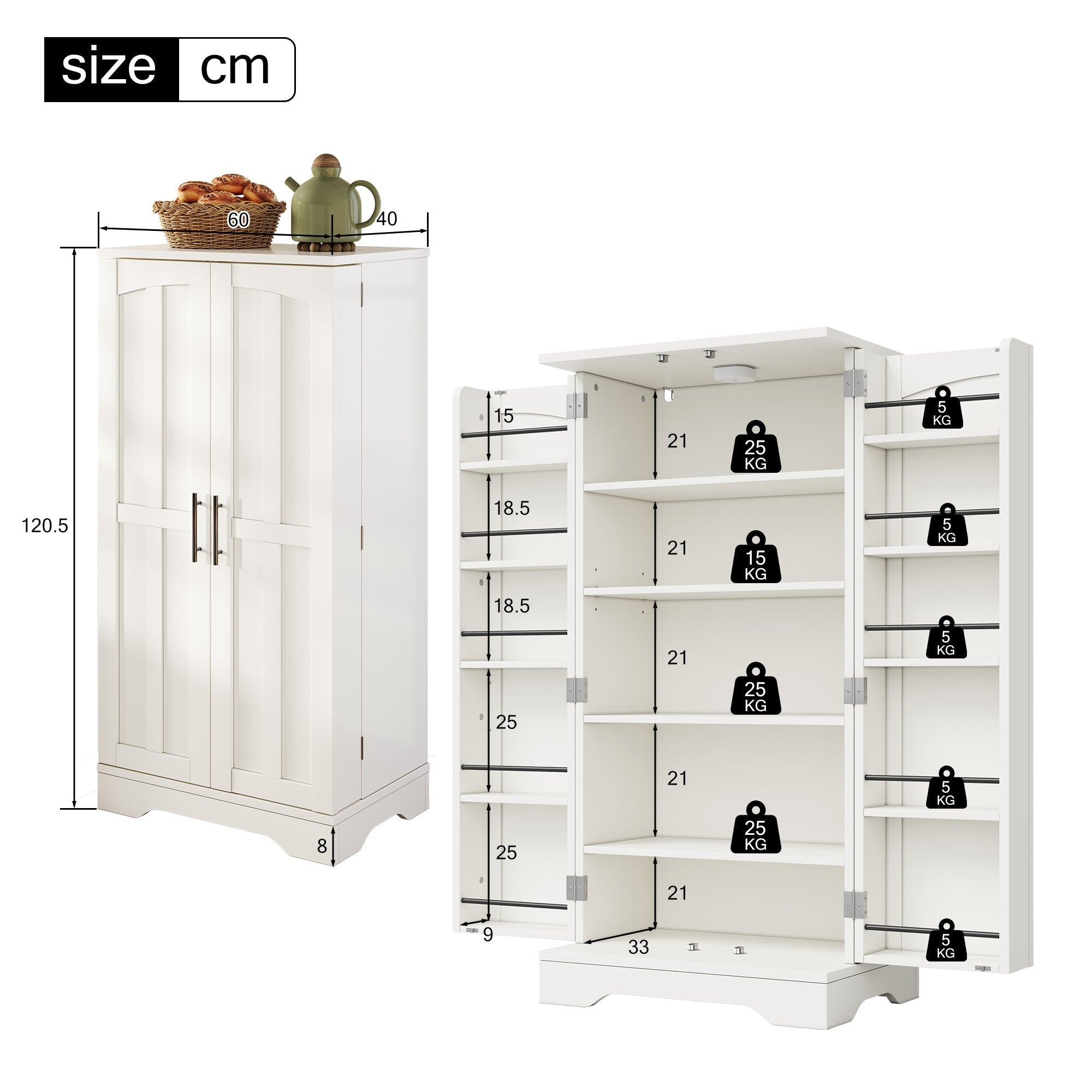 Kitchen Cabinet 120x60x40cm LED Sensor Light 2-Door Adjustable Shelves - White