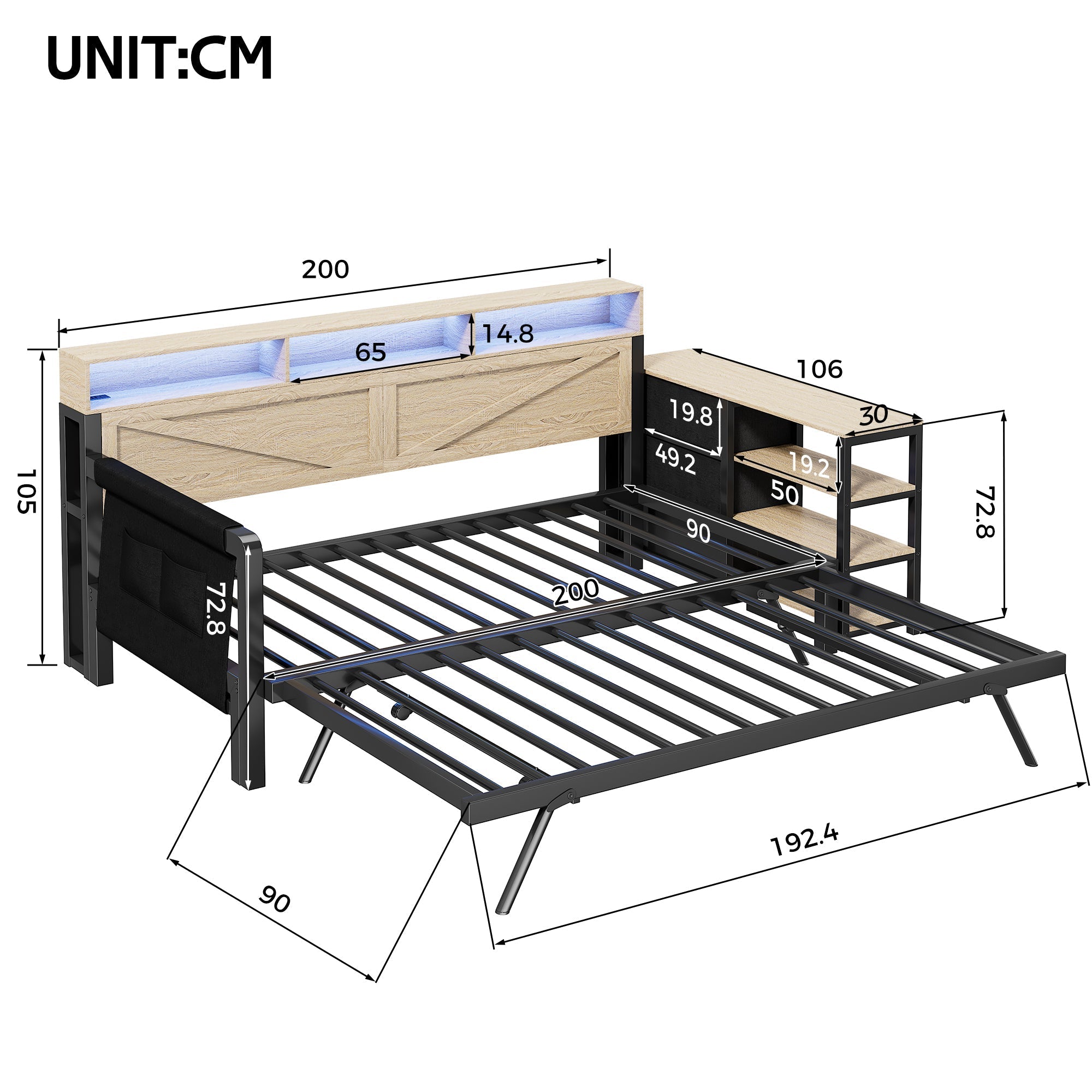 Metal Sofa Bed with Adjustable Pull-Out Bed, Storage Cabinet and LED Lighting, Black