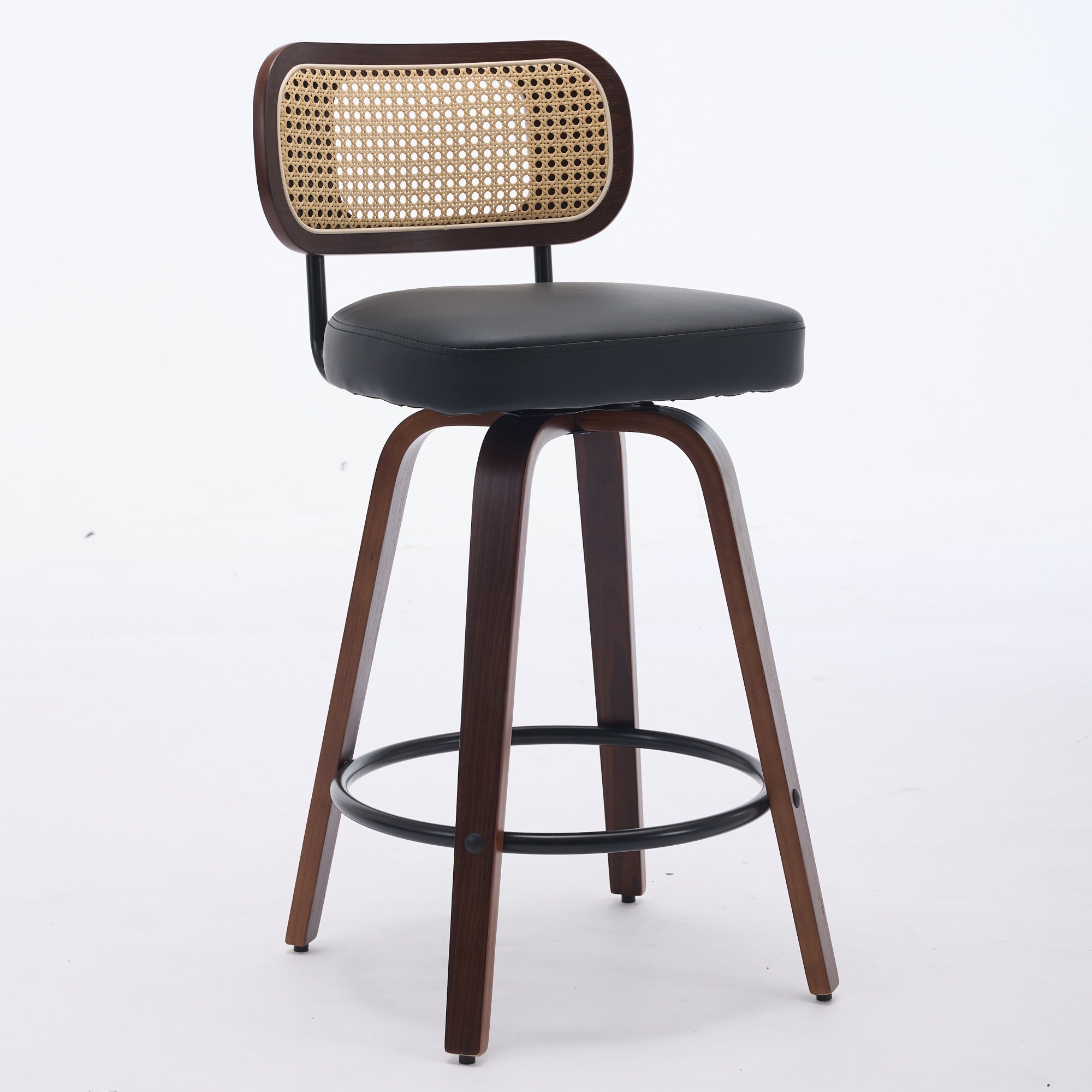 Set of 2 Counter Height Bar Stools with Swivel and Rattan Cane Back, Walnut Black