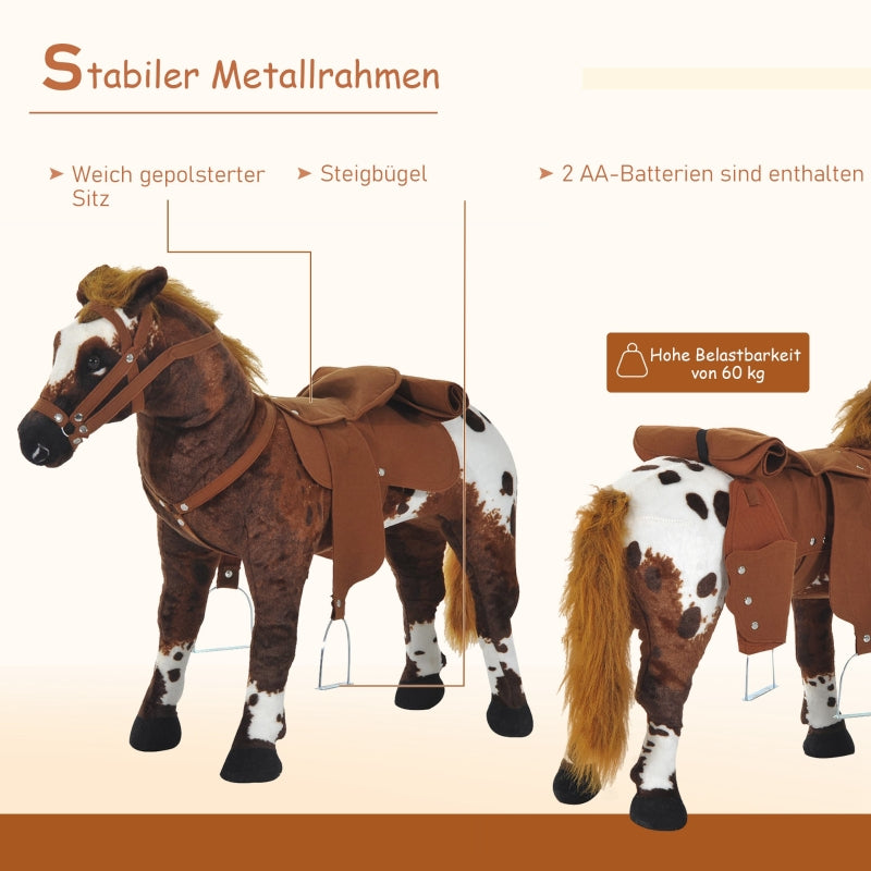 Plush Riding Horse with Saddle, Sound and Stirrups, Brown