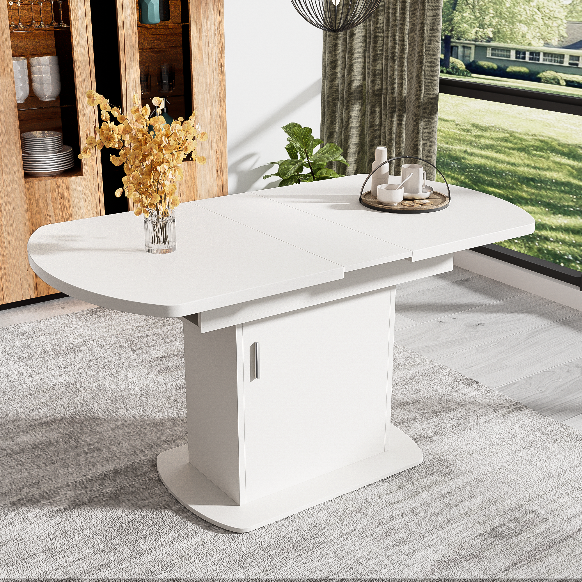 Extendable Oval Dining Table Modern Minimalist Storage Space-saving White