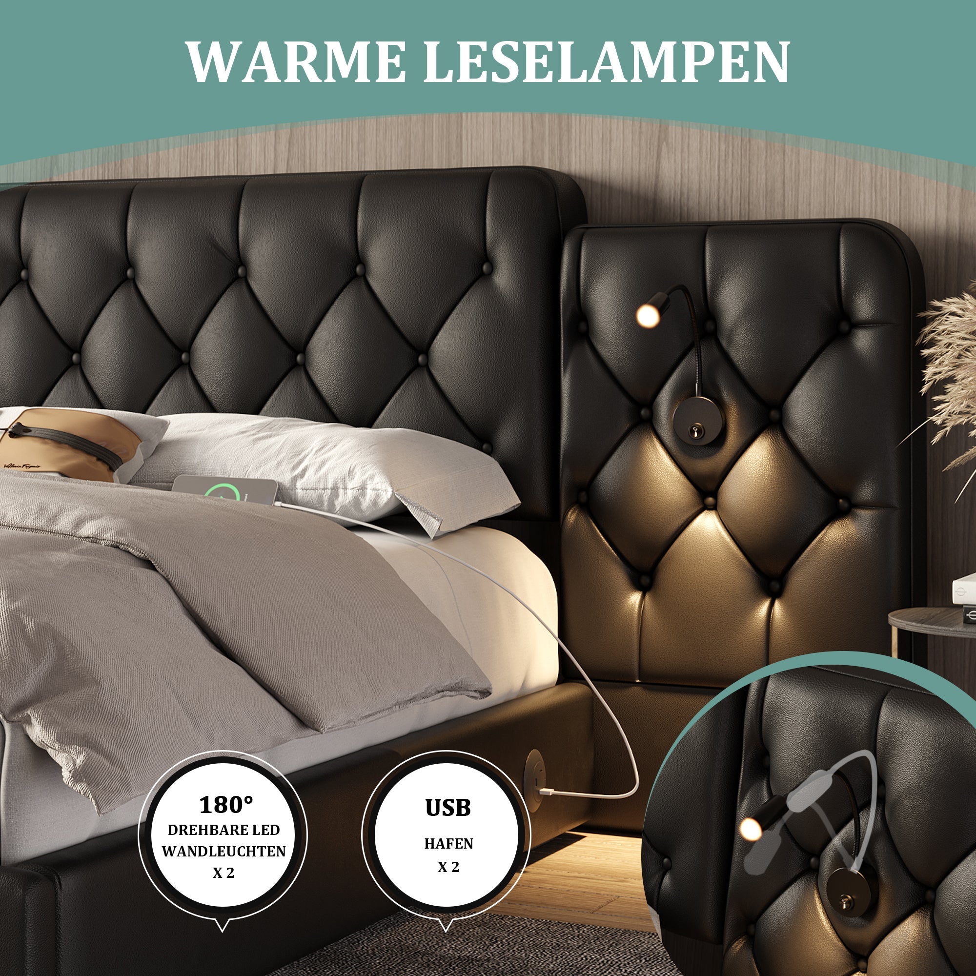 Bed Frame 160x200cm Hydraulic Storage USB Desk Lamp Velvet, Black