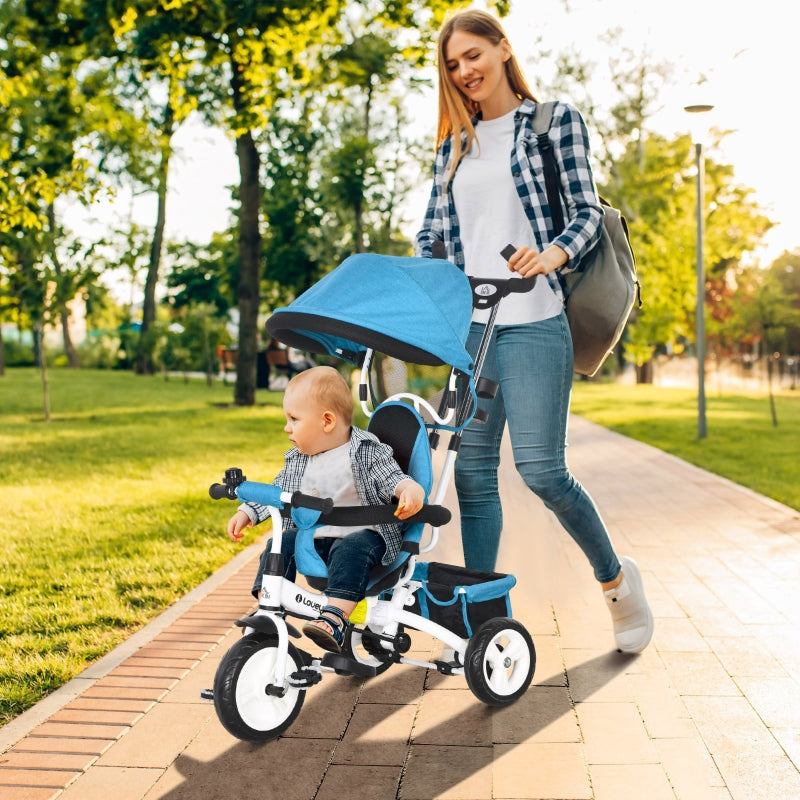 6-in-1 Tricycle with Push Bar, Sun Canopy, Safety Harness, Basket, Cup Holder, Blue