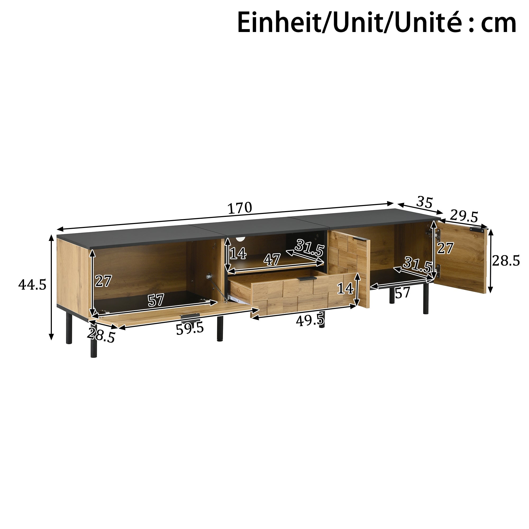 Mosaic TV Cabinet with 2-Door Drawer and Open Compartment, Wood Look Chipboard