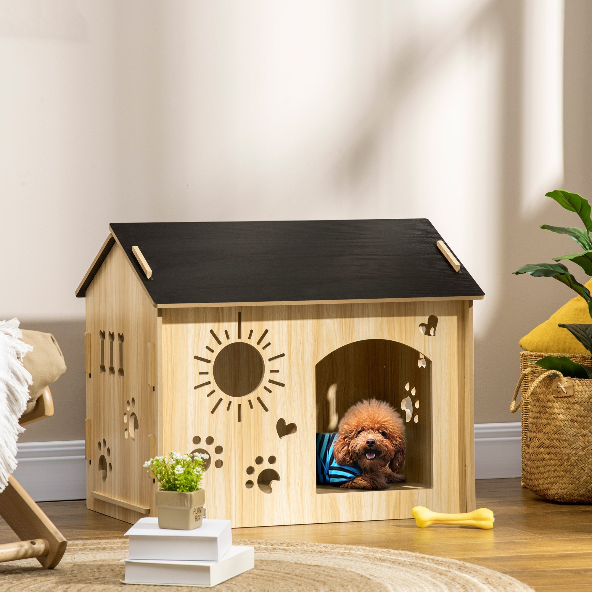 Hundehütte, Indoor mit Dach und Belüftung, MDF Eiche Schwarz