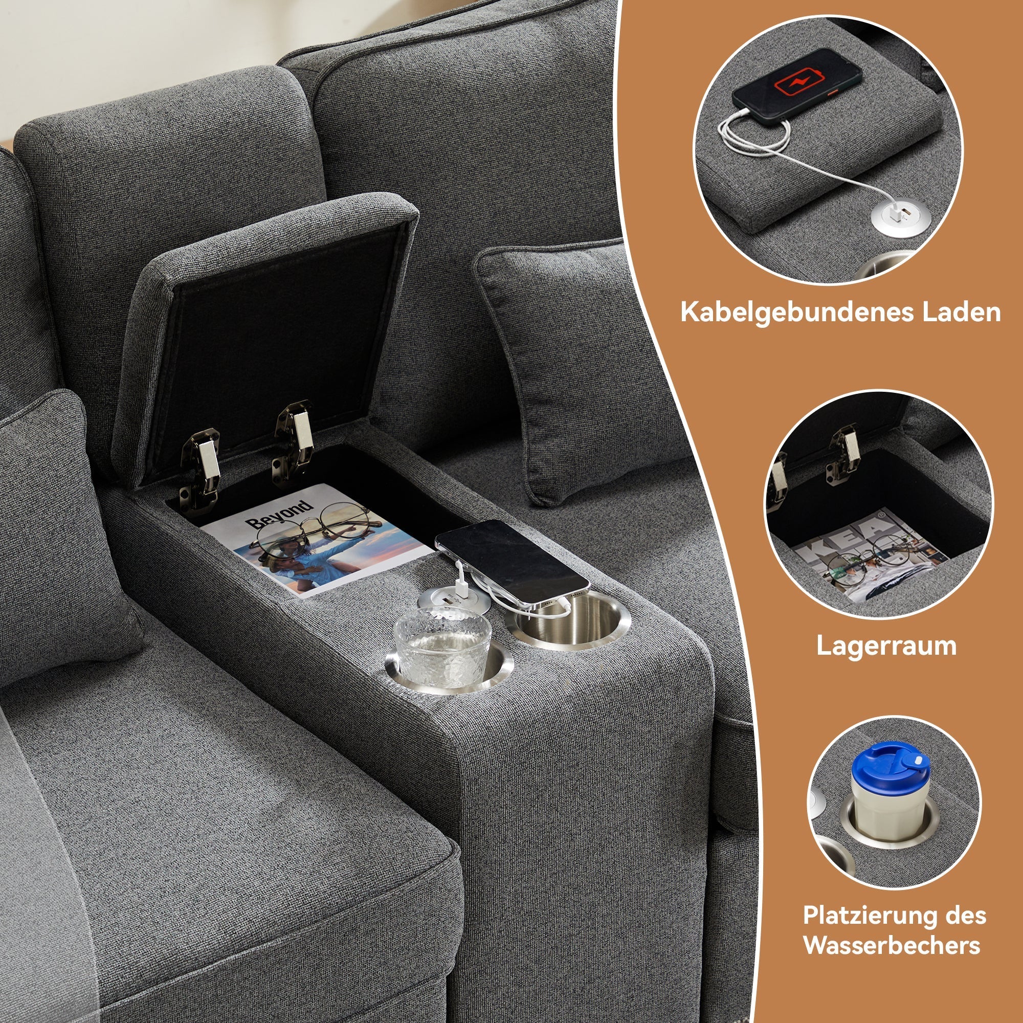 Sofa, Modern 4-Seater with Console, USB, Cupholders, Linen Fabric