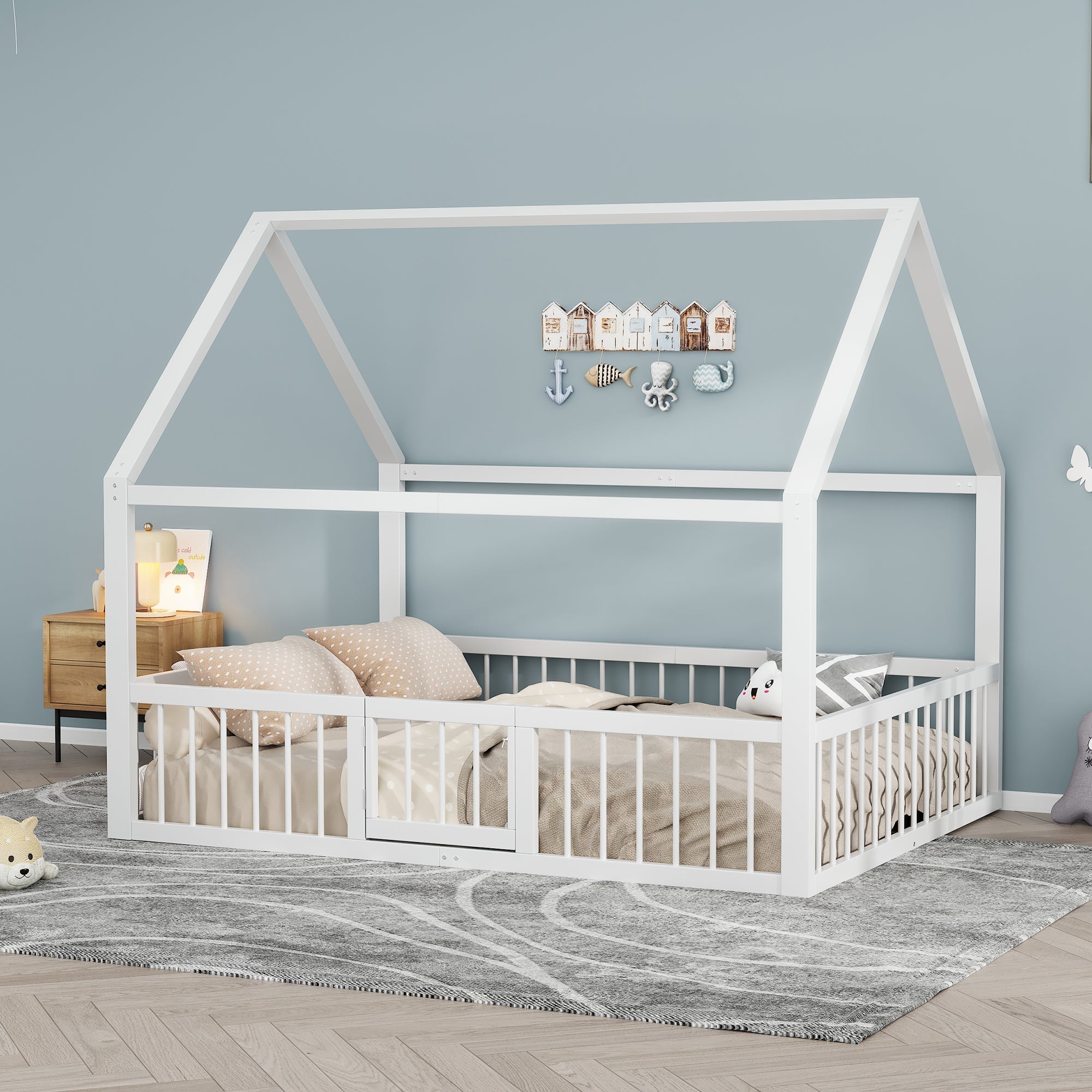 Children's Metal Bed 140x200cm House Design with Railing - White