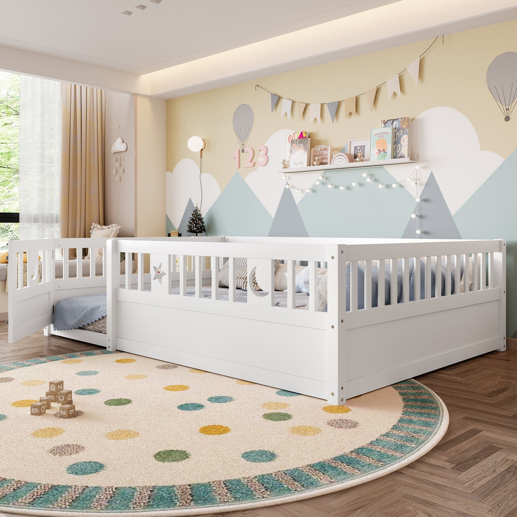 Panel Bed 140x190cm Children's Railing Star & Moon - White