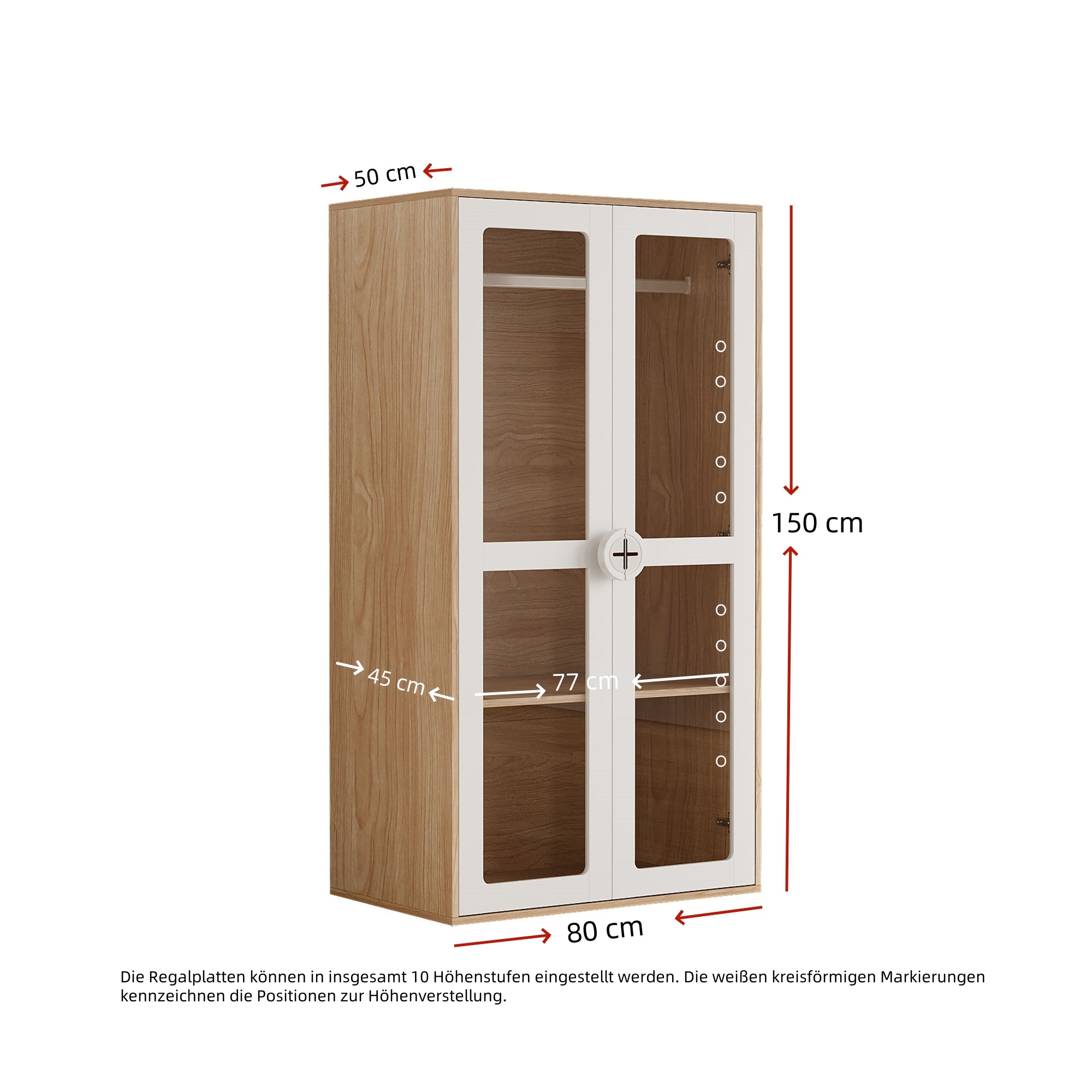 Children's Wardrobe, Double Doors Hanging Rail Sliding Shelves, White Lacquer & Natural MDF