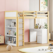 Loft Bed, Multifunctional with Storage & Desk, 90x200cm Wood