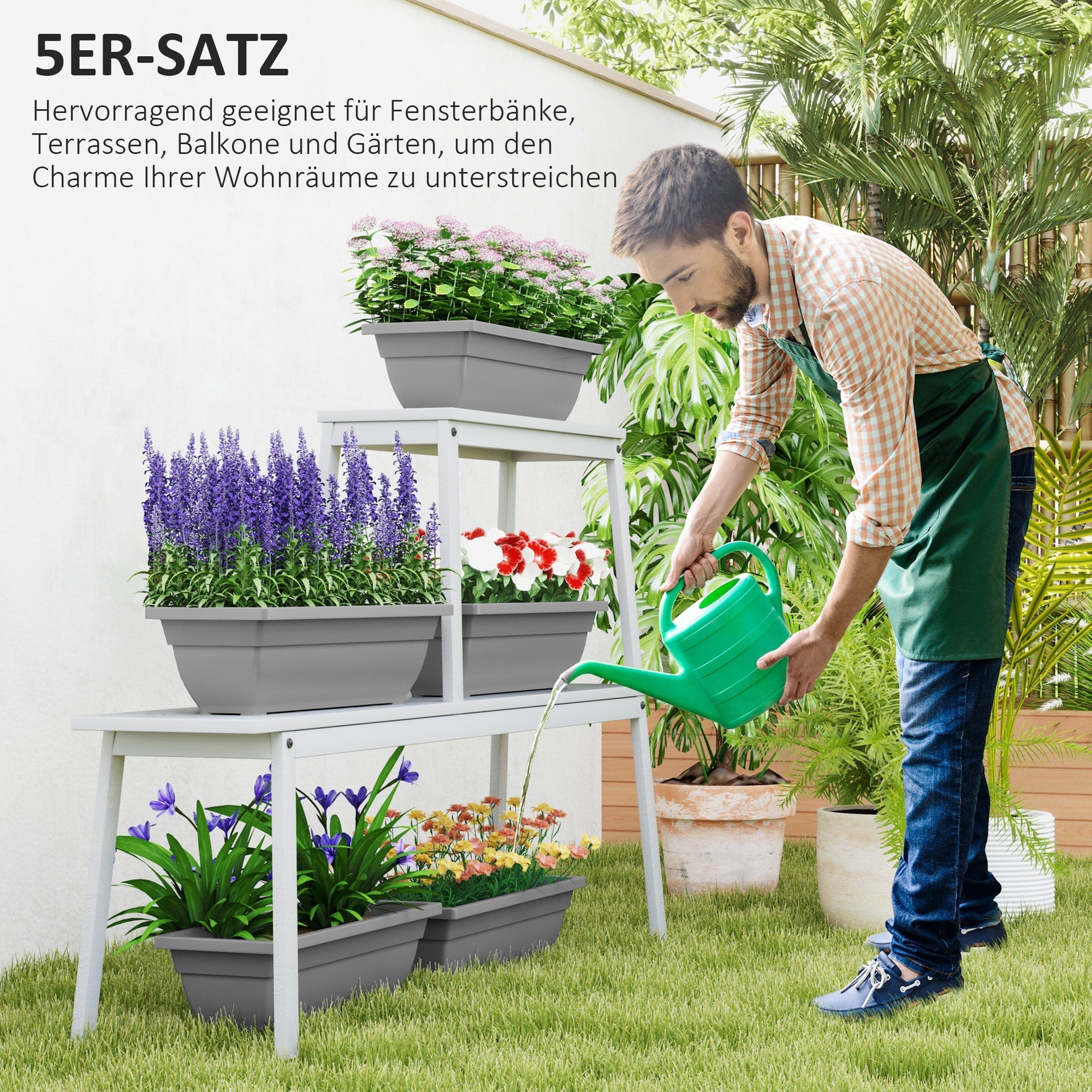 5 Plastic Flower Pots Stackable Weatherproof for Indoor Outdoor Use, Grey