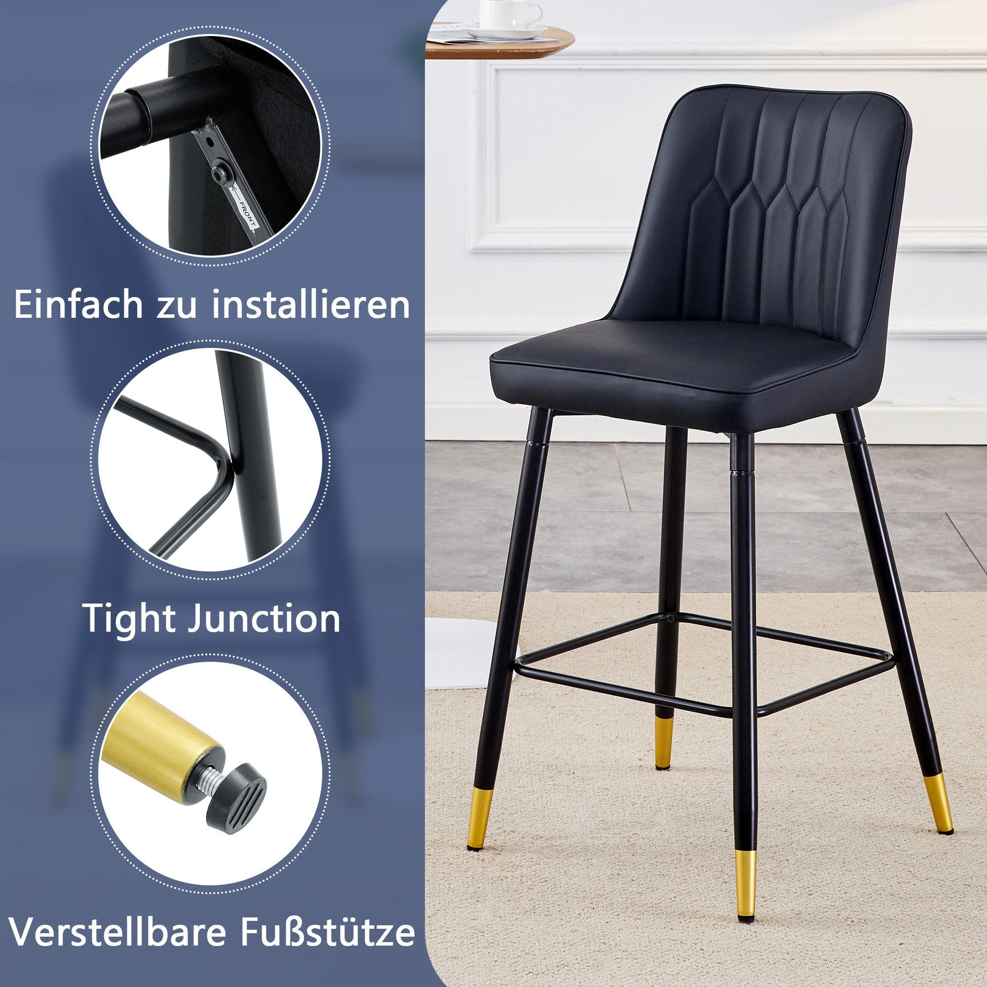 Set of 2 Bar Stools 100cm High Footrest - Black PU Leather