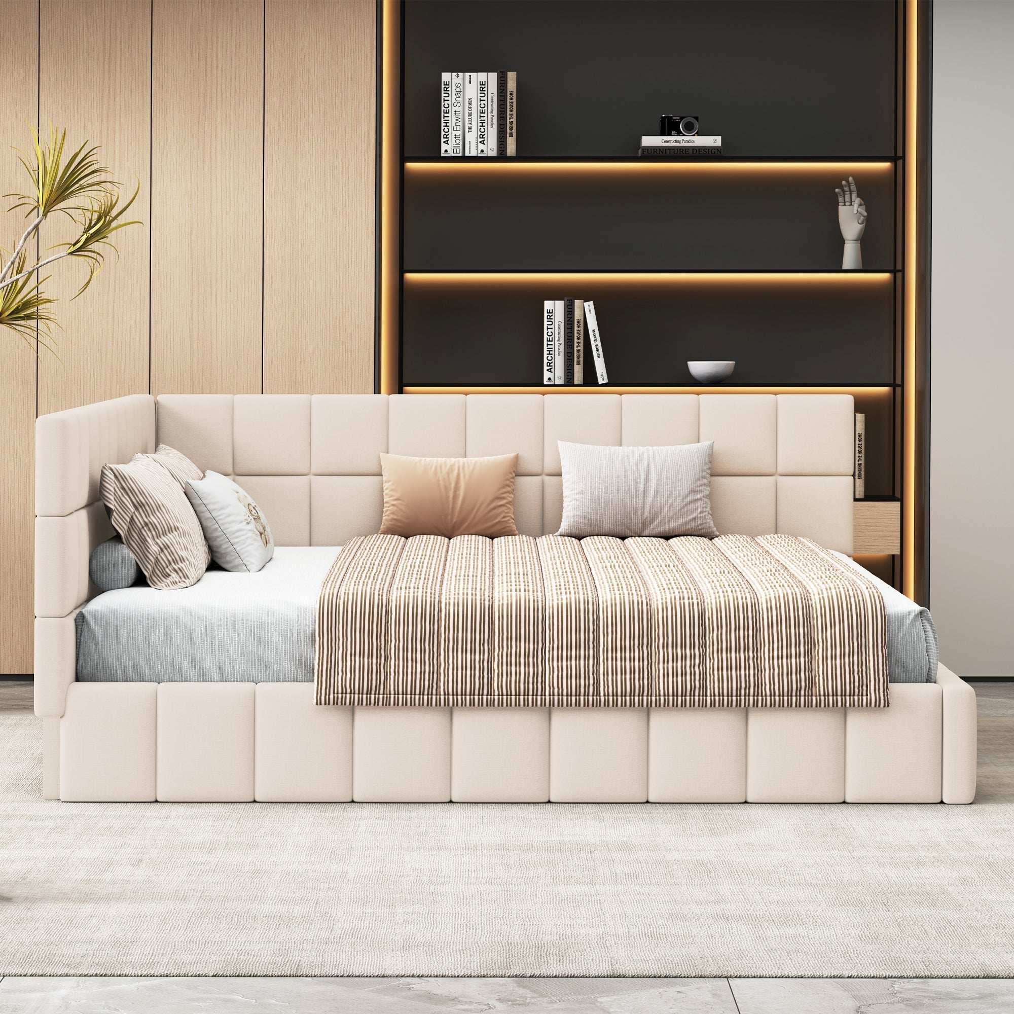 Upholstered Bed Sofa Bed 160x200 Multifunctional Slatted Frame Velvet Beige