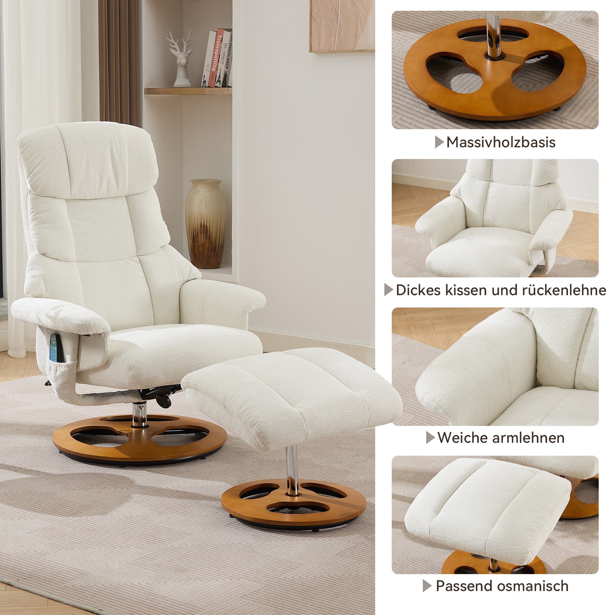 025 Recliner Chair with Massage, Heat, Reclining, Footstool, 360° Rotatable, Chenille Fabric White