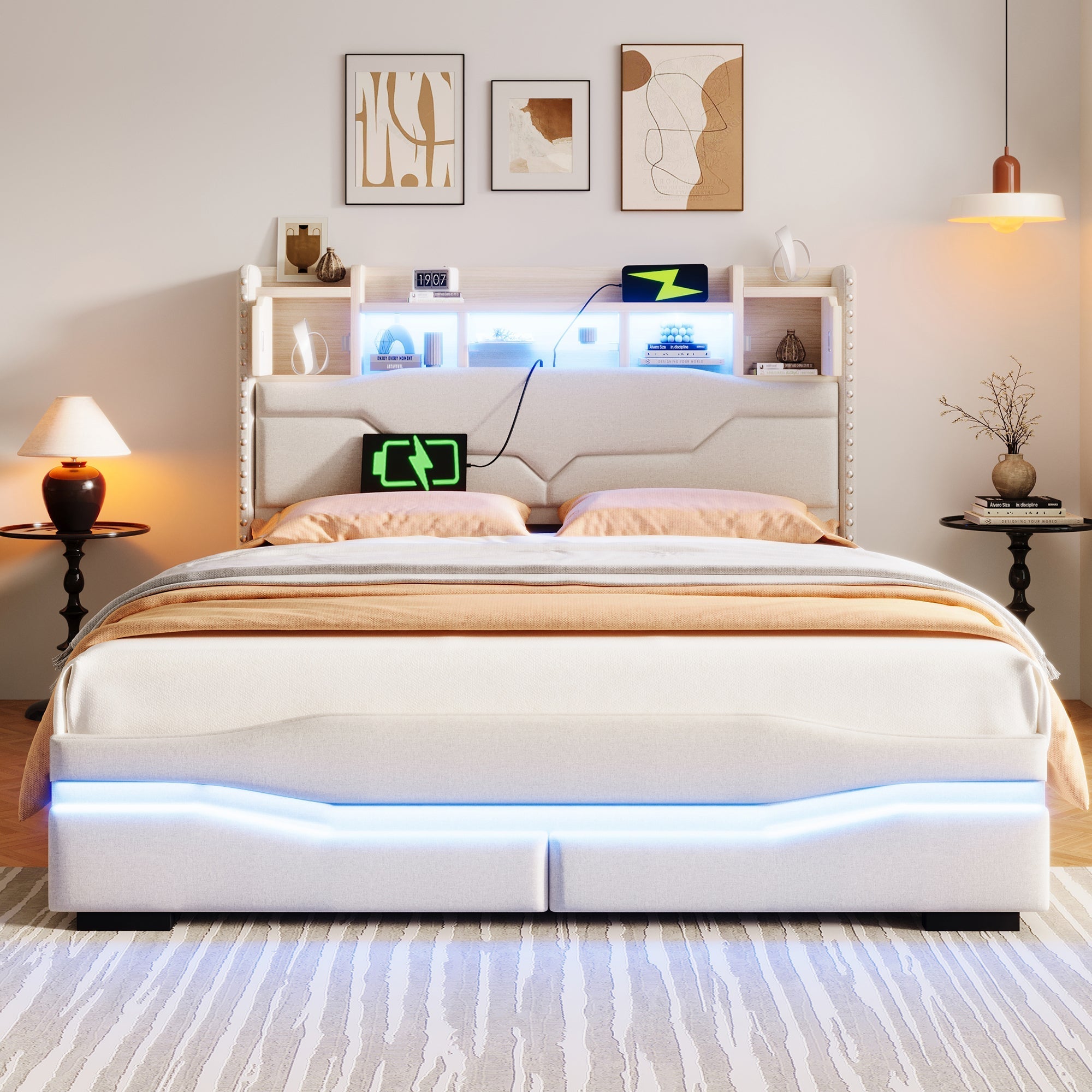 Upholstered Bed 140x200cm Hydraulic Storage USB-C LED Headboard Compartment Beige