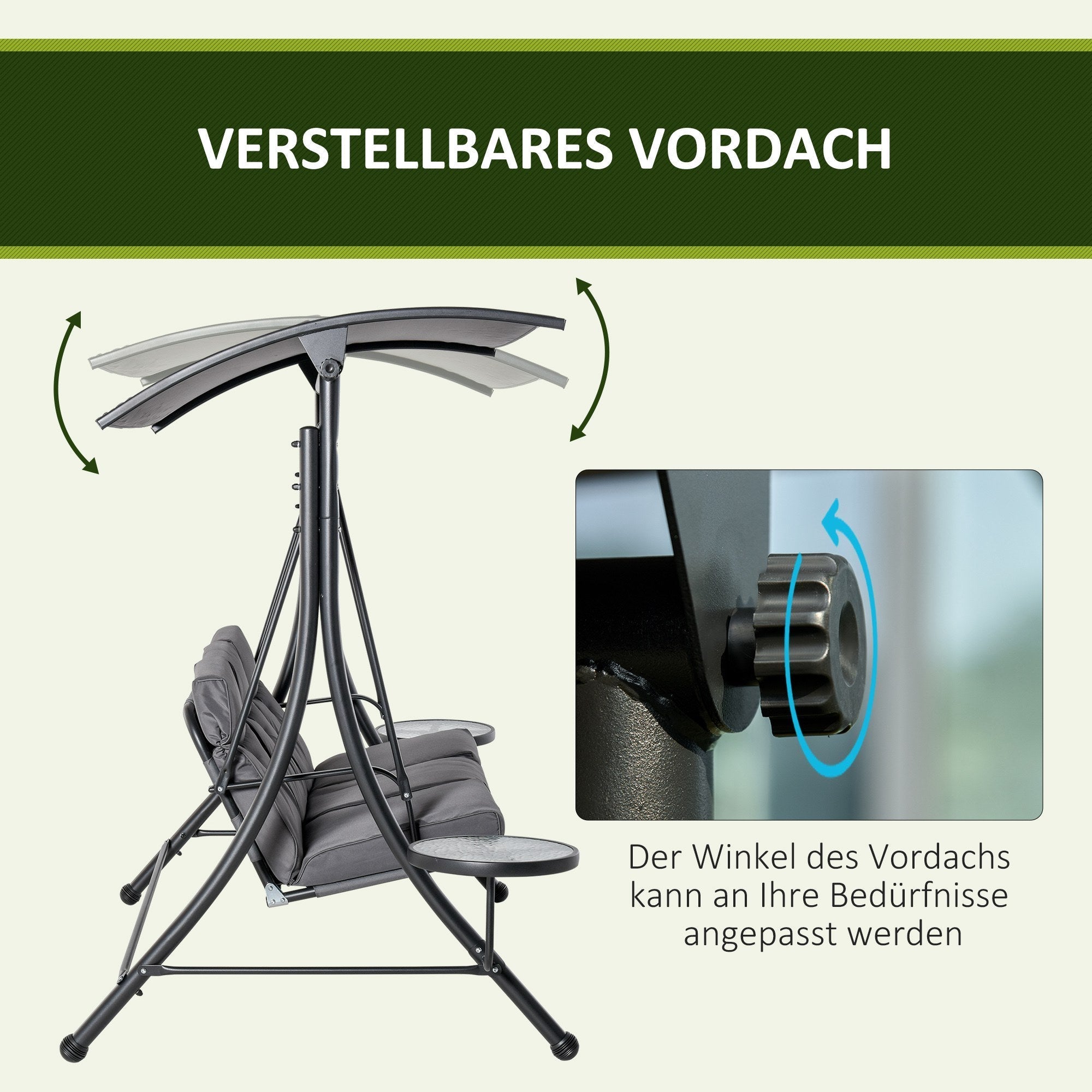 Hollywood Swing 3-Seater with Adjustable Sunshade, Tea Table, Steel Polyester Grey/Black