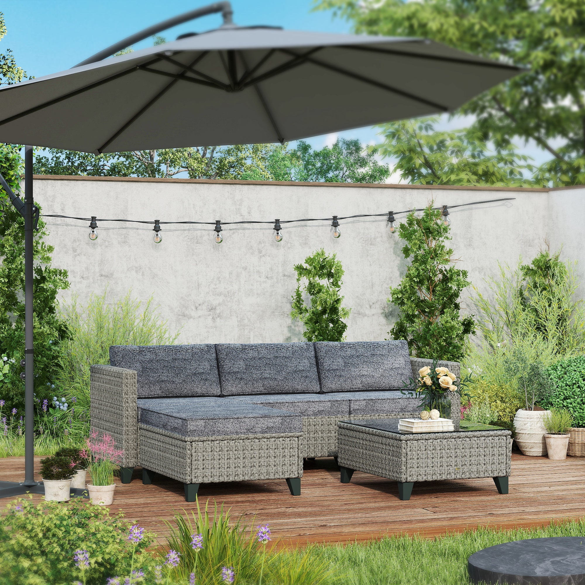 5-Piece Patio Furniture Set with Corner Sofa, Footstools, Coffee Table, Rattan Dark Grey