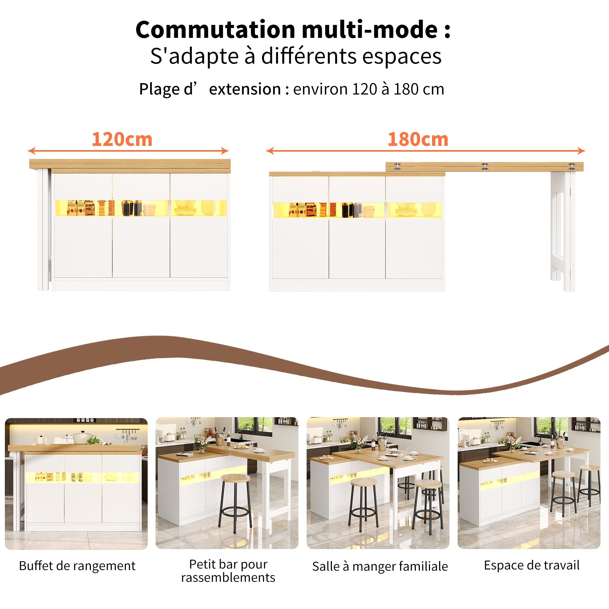 Extendable Bar Table with LED Lighting and 360° Swivel, 120-180cm Adjustable Length, White