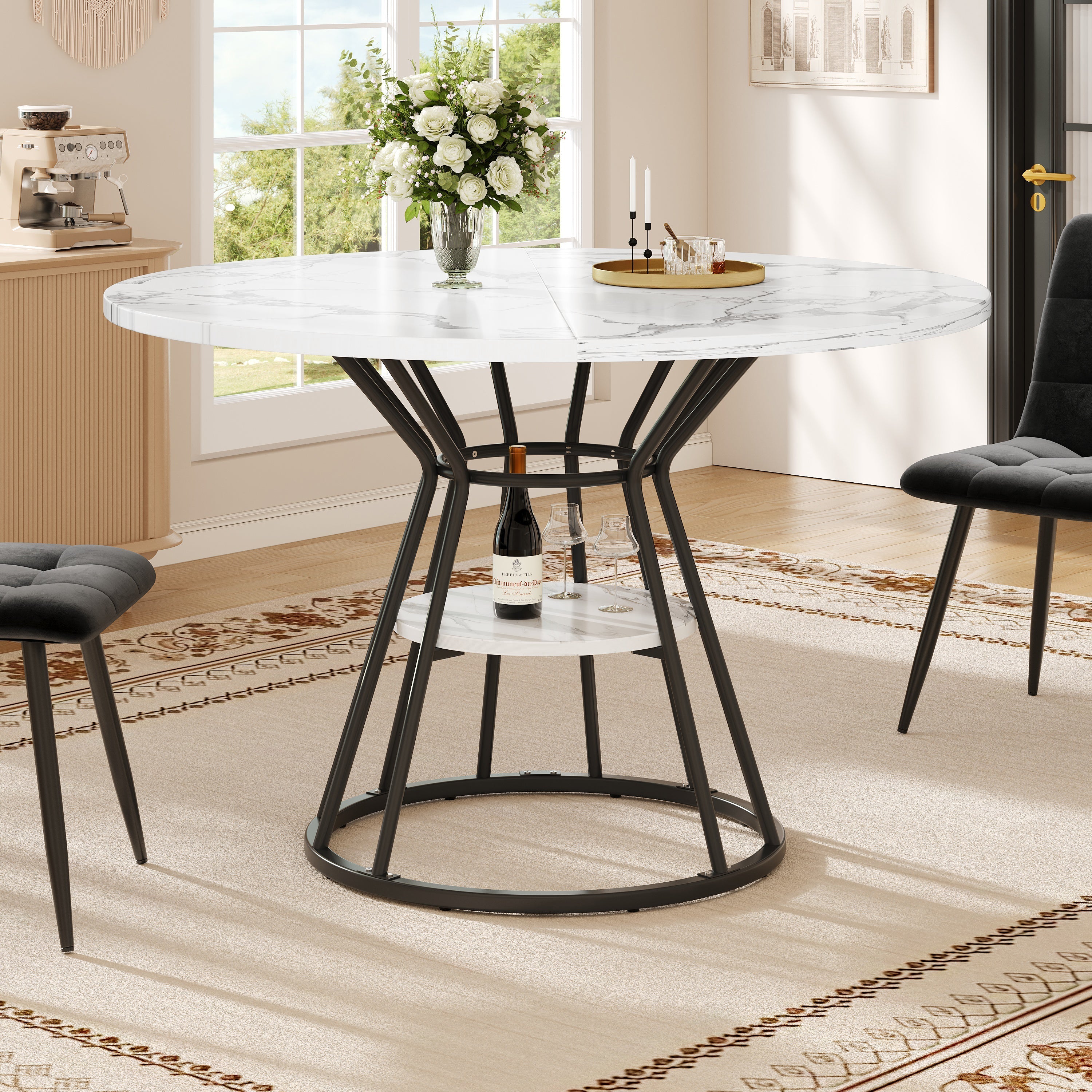 Round Dining Table with Metal Legs and Storage Shelf, Marble Pattern Gold and Black