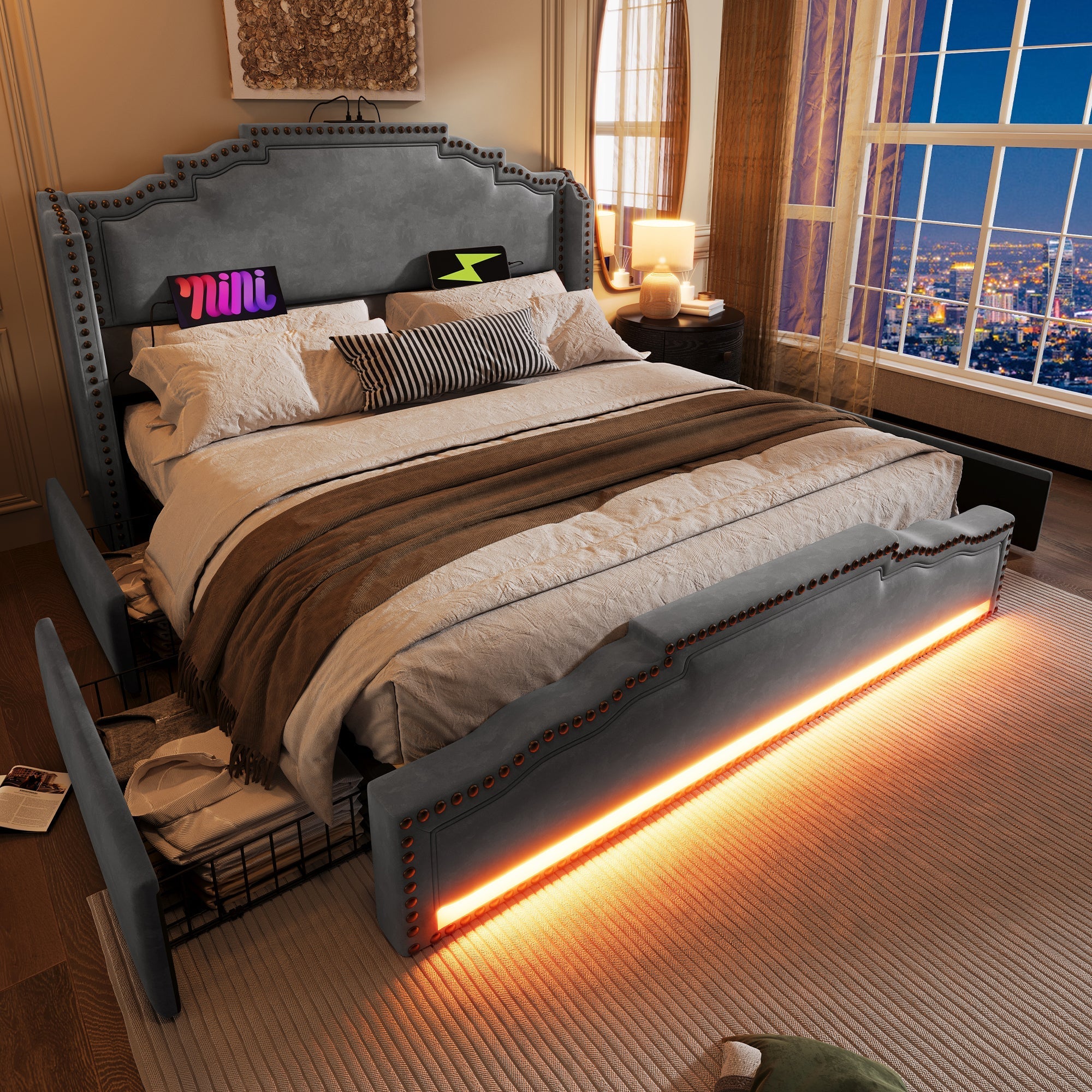 Upholstered Bed 160x200, 4 Drawers, LED, USB-C, Slatted Frame, Velvet Grey