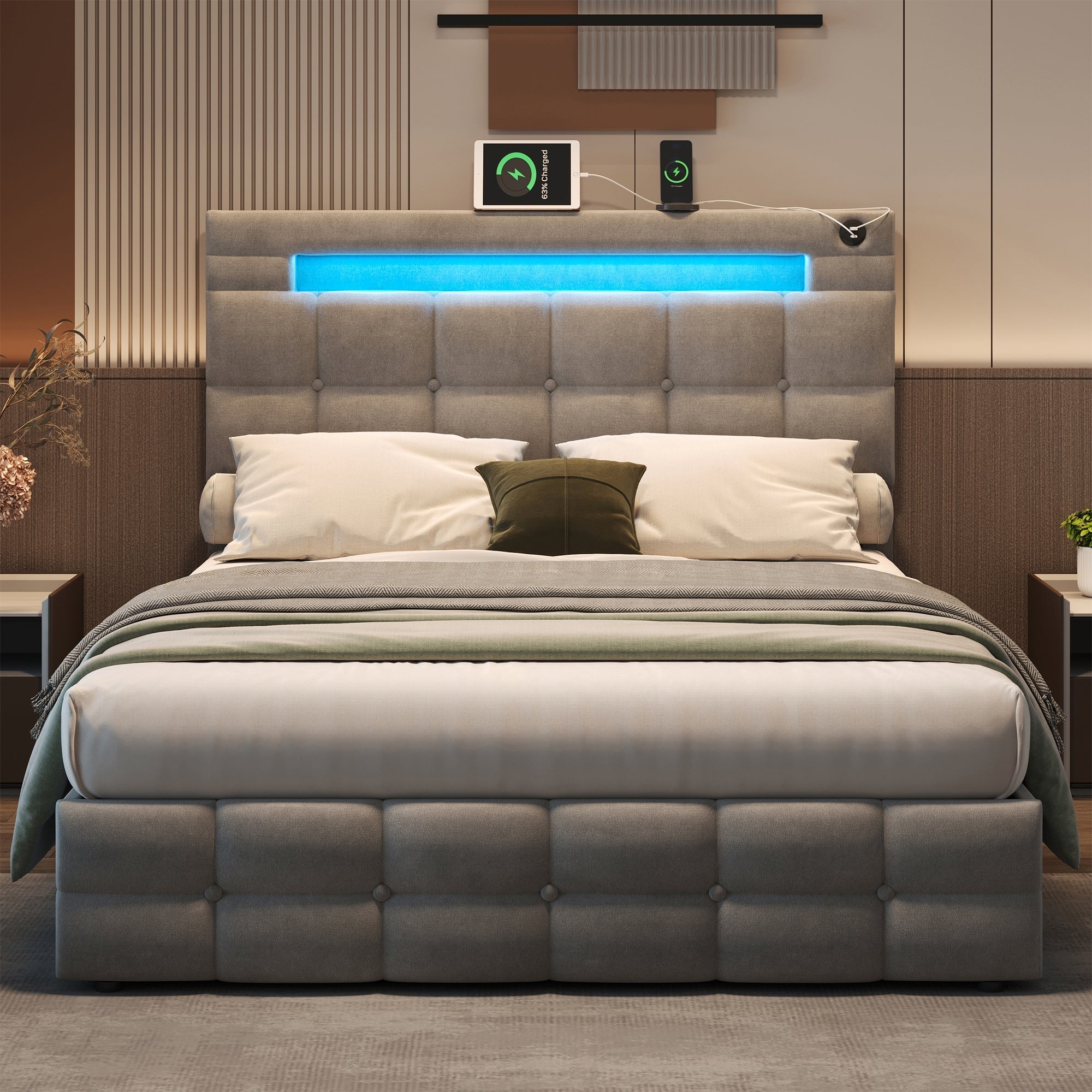 4ft6 Double Upholstered Bed Frame with Hydraulic Storage, Velvet Ottoman Bed with LED Lighting and Charging Station, Adjustable Button Tufted Headboard, Grey