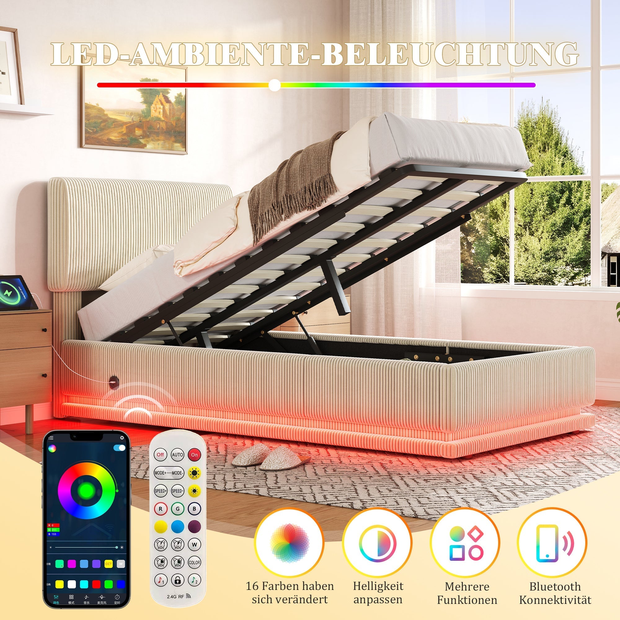 Modern Upholstered Bed with LED Lighting, USB-C and Storage, 90*200 Beige Corduroy