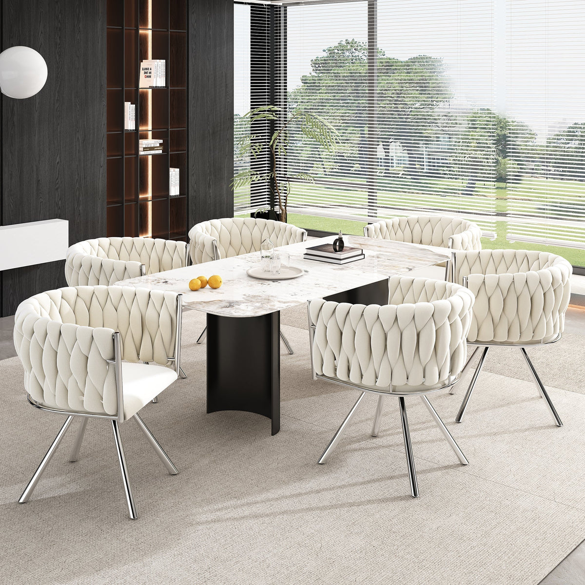 Velvet Dining Chair Set of 6 Swivel Metal Legs - Beige/Silver