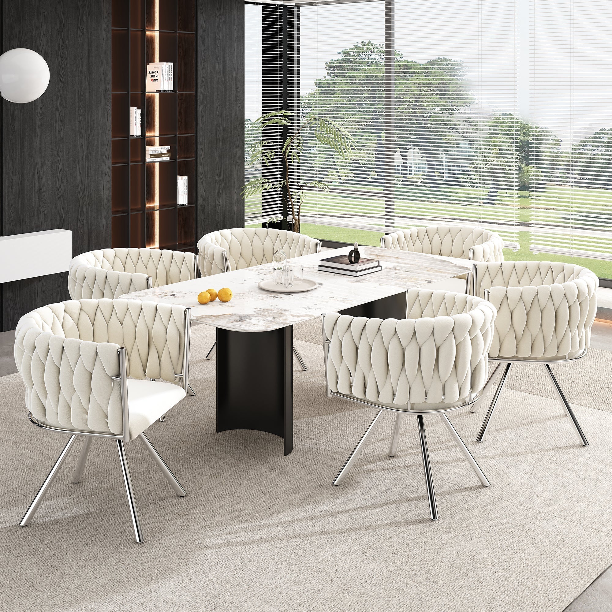 Velvet Dining Chair, Set of 4 Luxury Swivel Leisure Chairs with Metal Legs, Beige and Silver