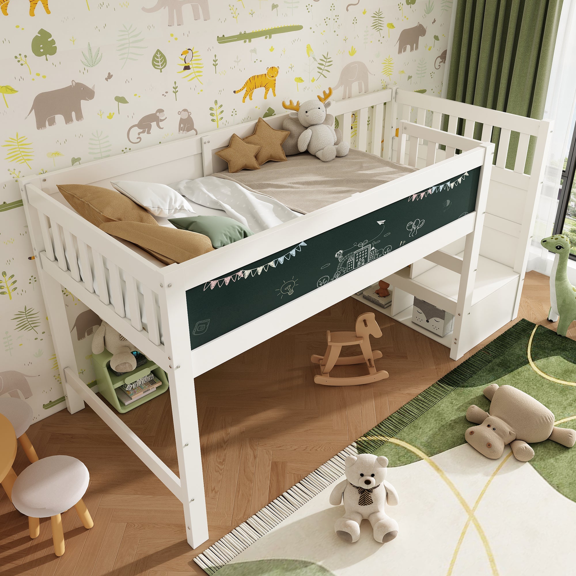 Children's Loft Bed with Whiteboard & Blackboard, Storage, 90 x 200 cm, White