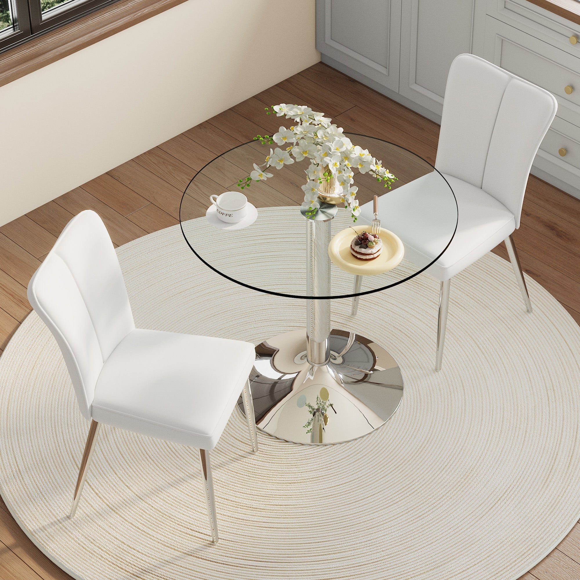 Modern Dining Set 85cm Tempered Glass Table with 2 PU Chairs - White