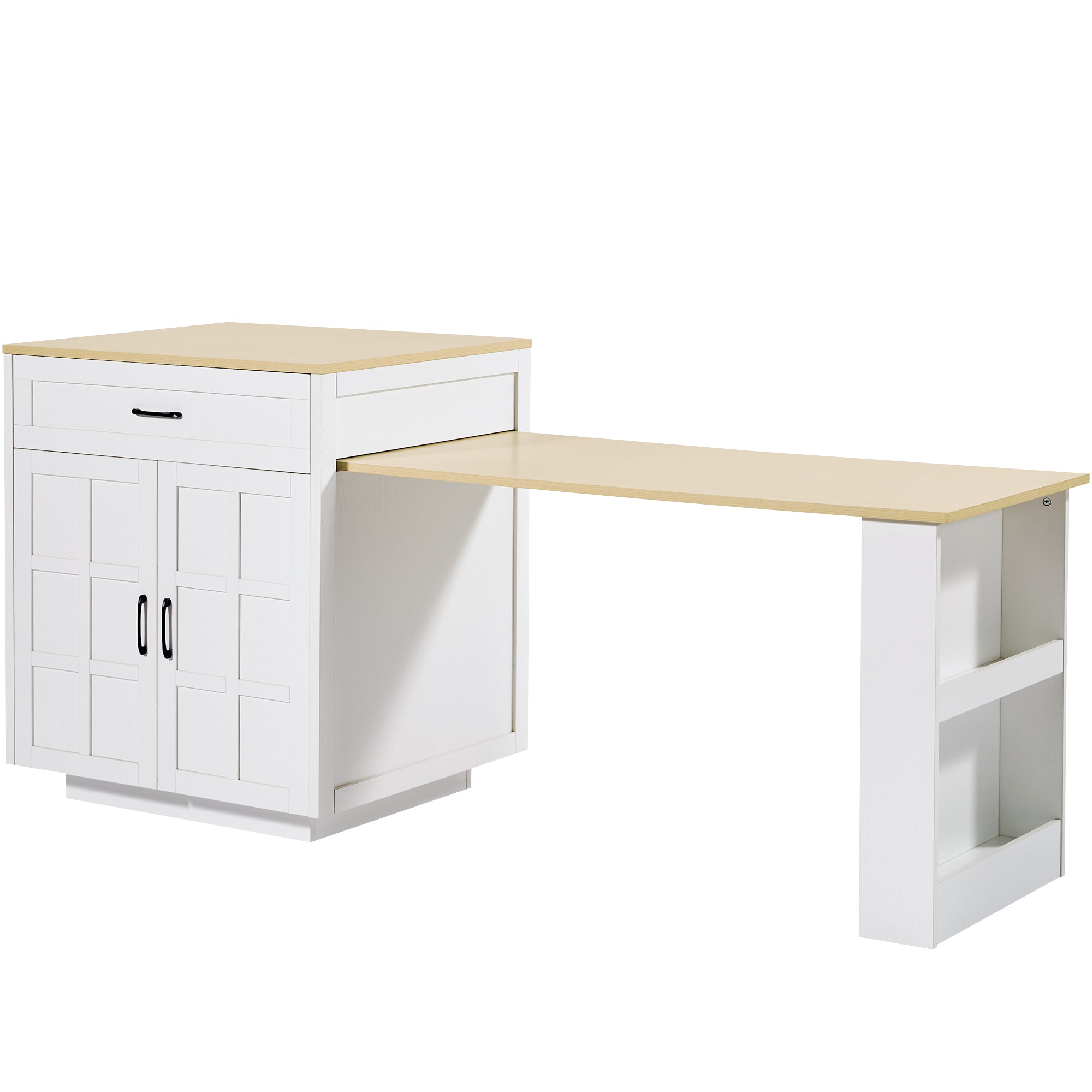 Extendable Bar Table Kitchen Island Dining Cart with Storage Drawers and Shelves White