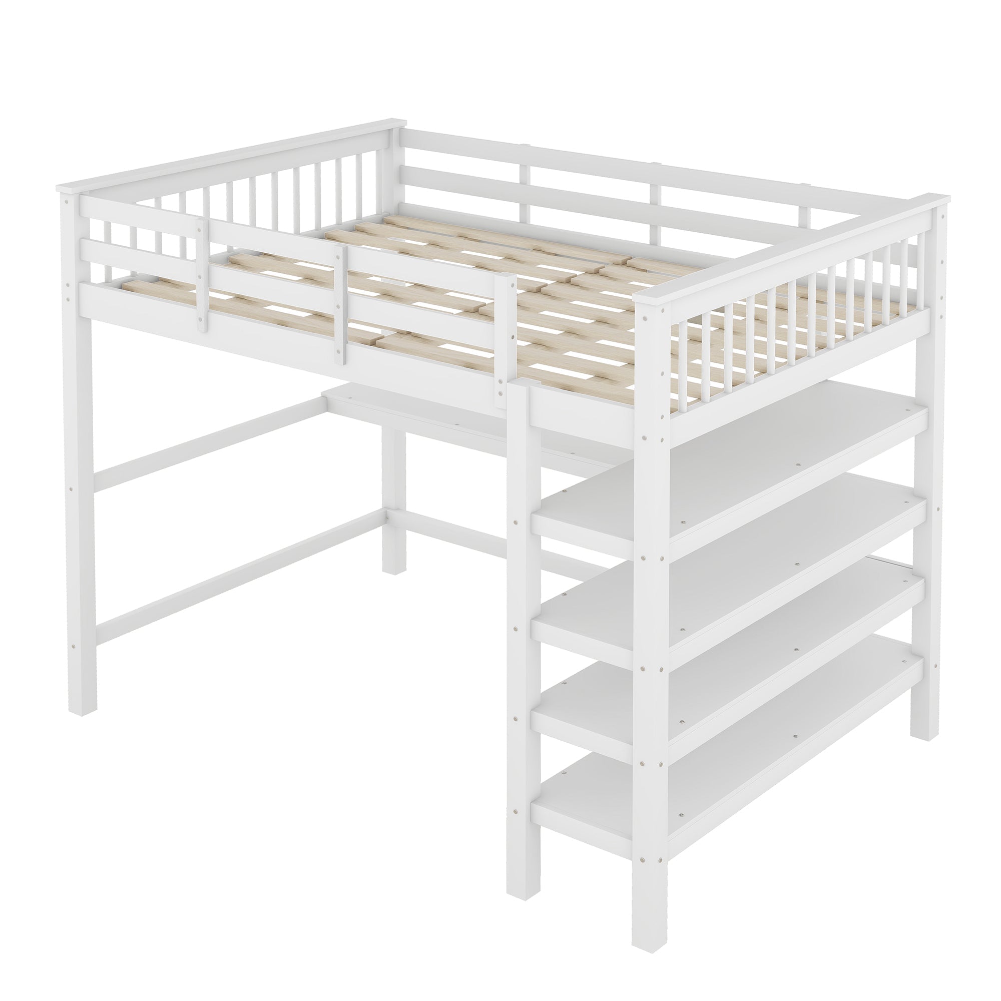 Loft Bed 140x200cm with Storage and Under-bed Desk - White