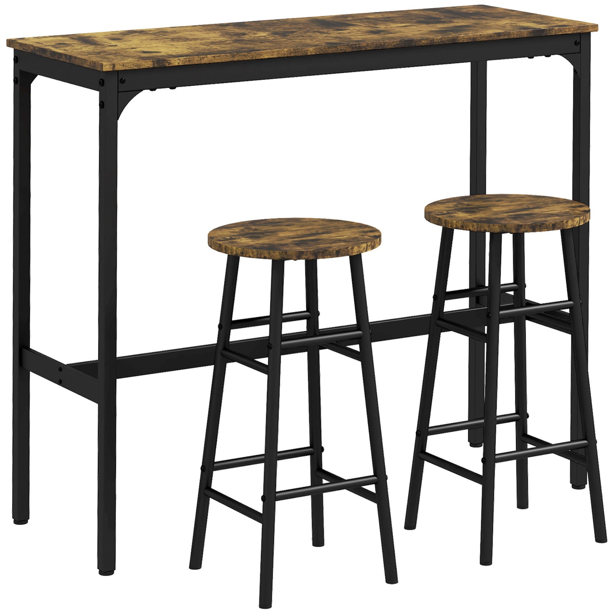 Bar Table Set, 3-Piece with 2 Bar Stools, Steel, Rustic Brown