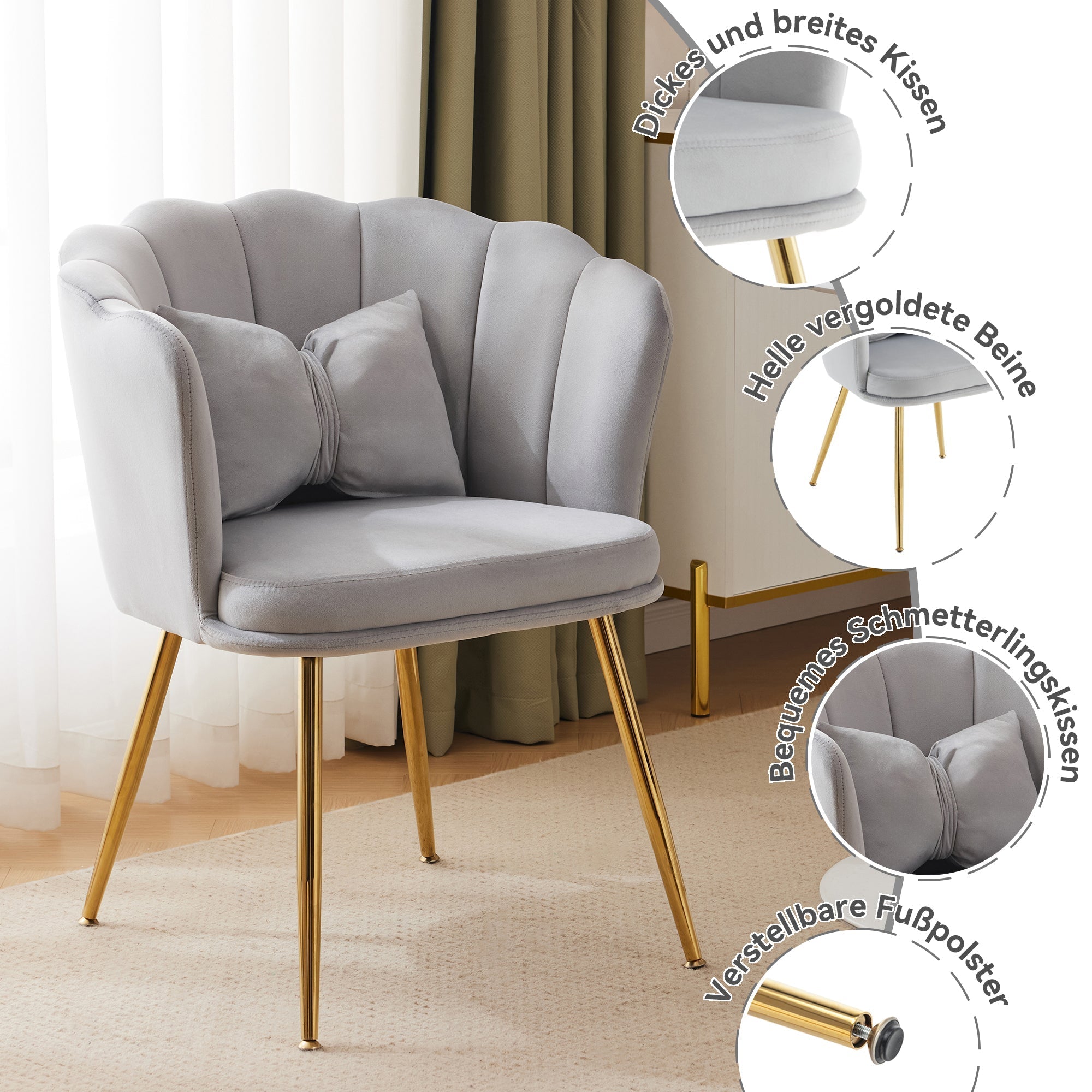Chairs, Set of 4 Velvet Upholstered with Petal Back & Gold Legs, Modern