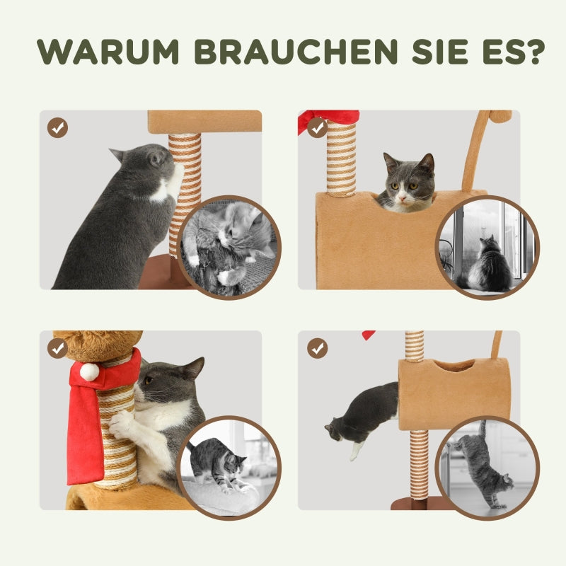 Katzenbaum 98cm Reh-Design, Höhle, Spielball, Jutestämme Braun