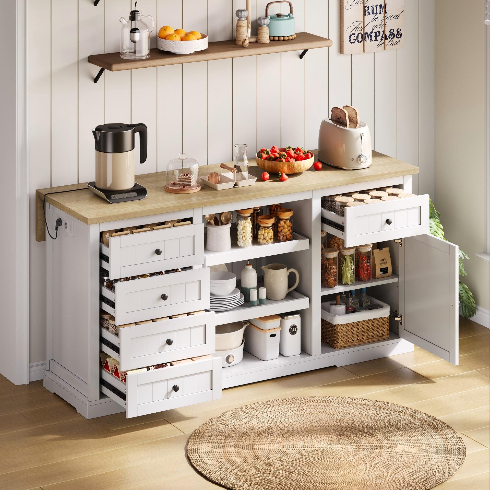 Sideboard/Kitchen Island/Bar Cabinet 5 Drawers 2 Shelves Extension Panel Sockets, White