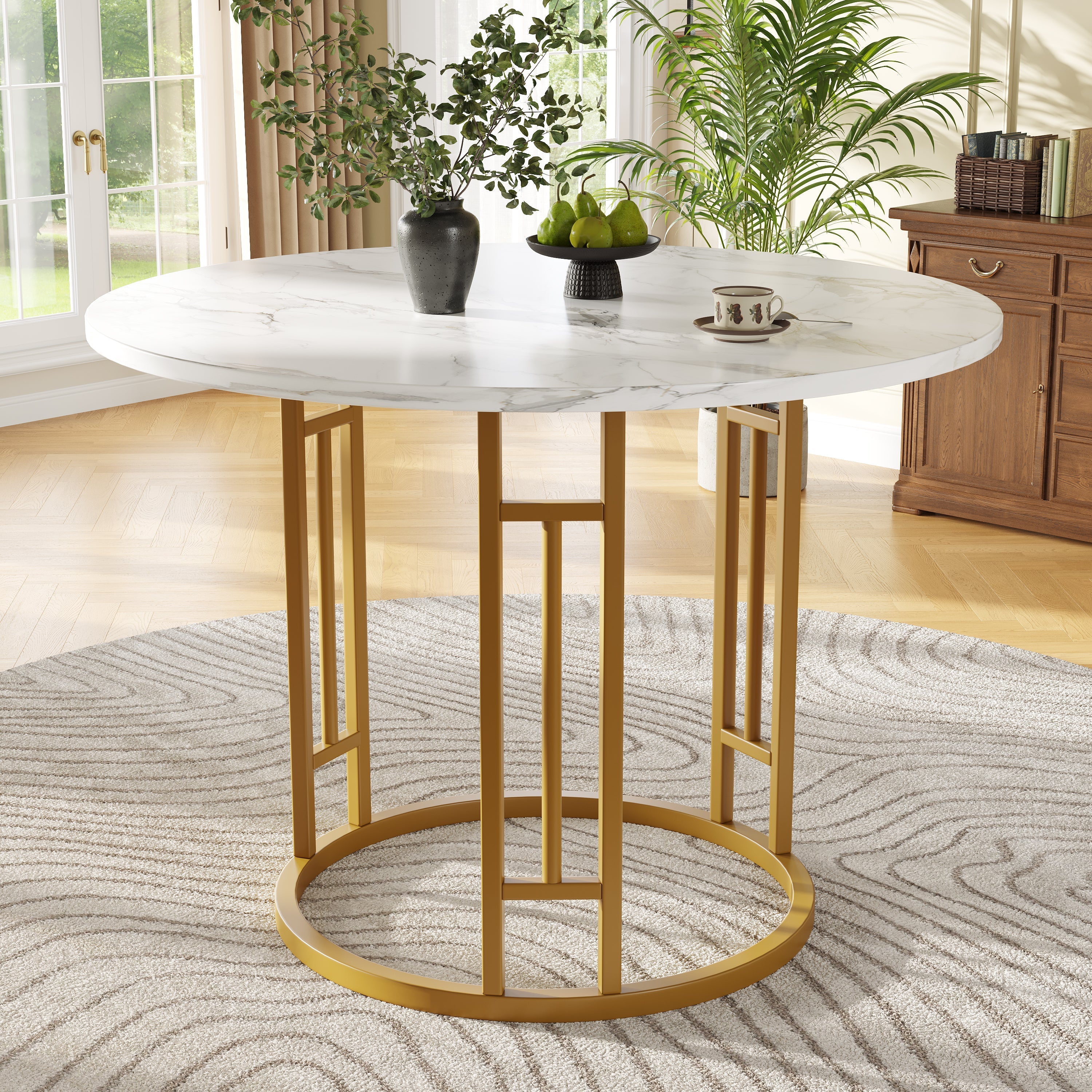 Dining Table Set, 5-Piece Round with 4 Chairs, Gold Metal Legs, Grey MDF Marble