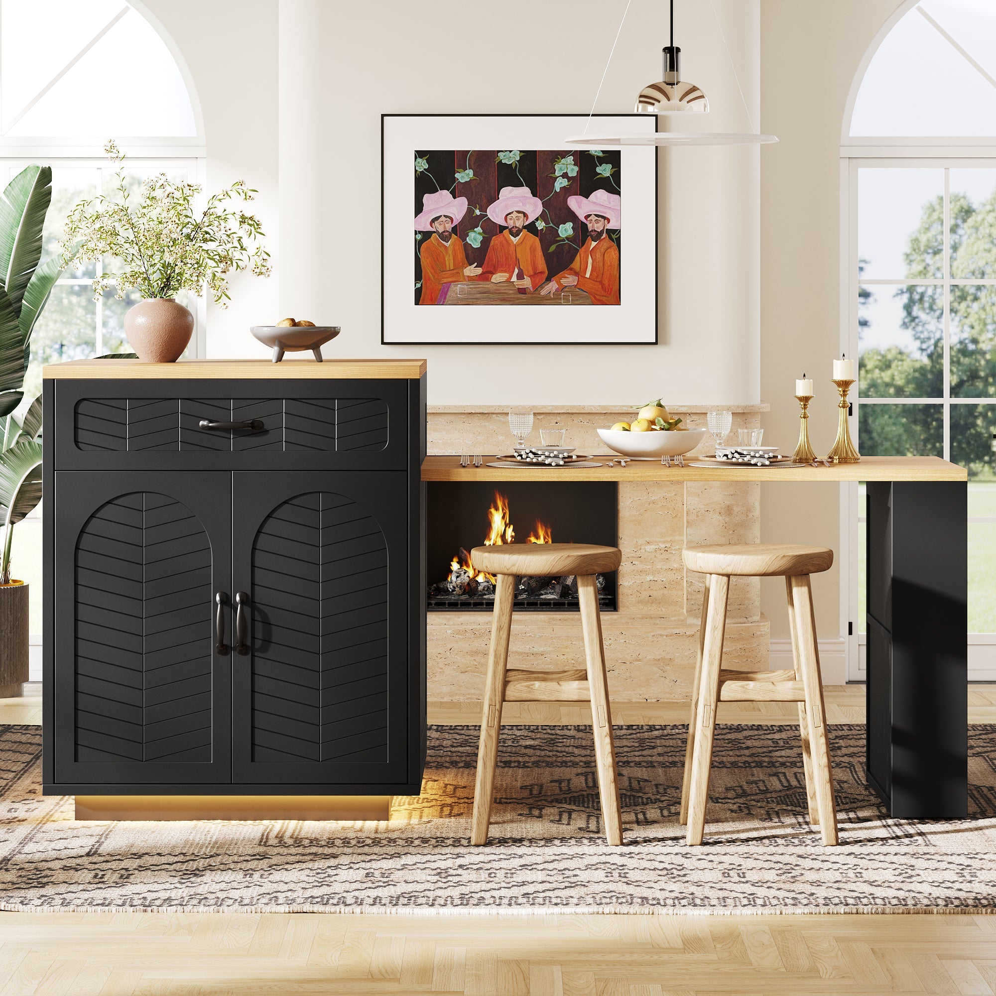 Kitchen Island with Pull-out Table and Storage Drawers, Black and White