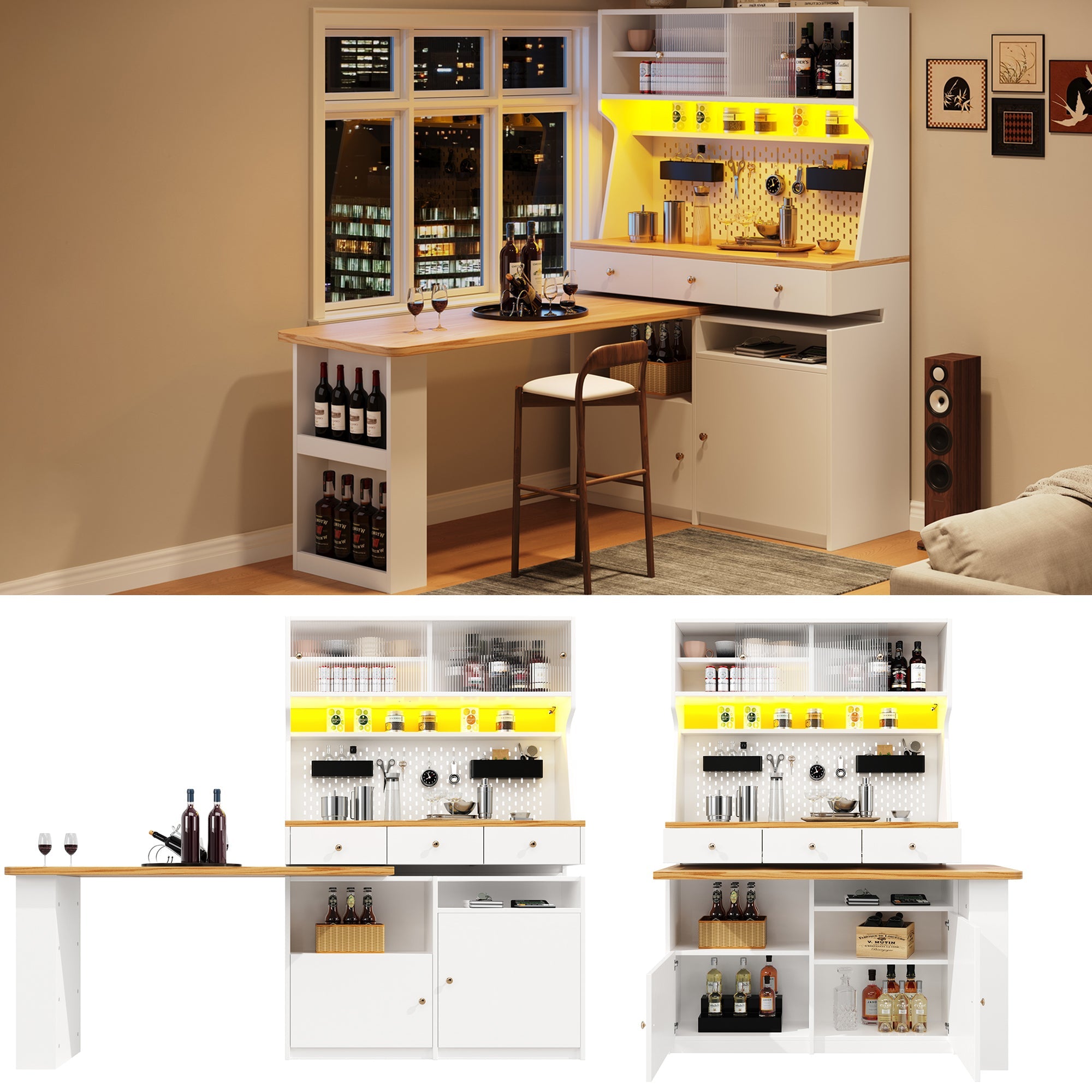 Kitchen Cabinet Tall Buffet with 2 Doors, 3 Drawers, 137x45x178cm, White