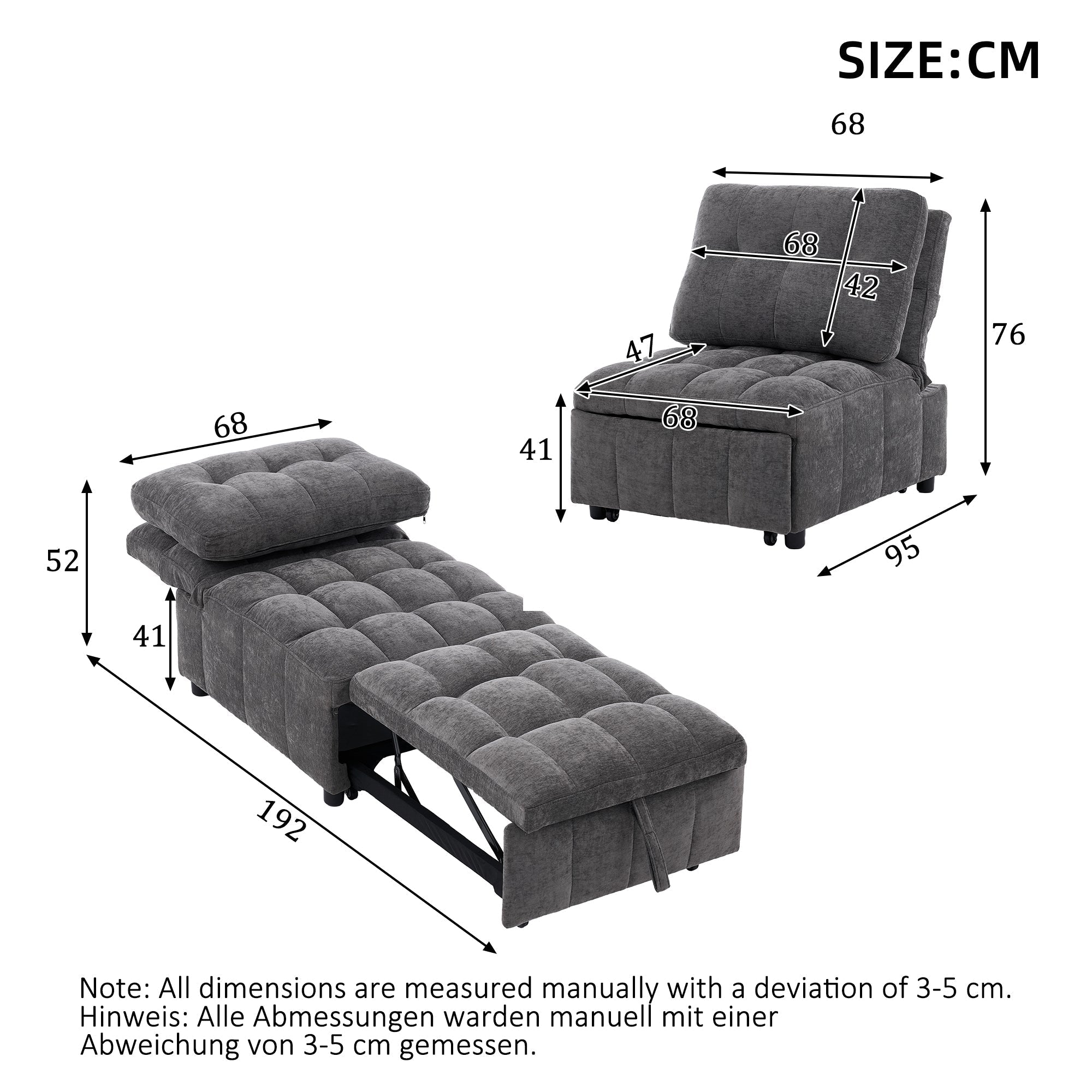 Sleeper Sofa with Adjustable Backrest and Foldable Pull-out, Grey