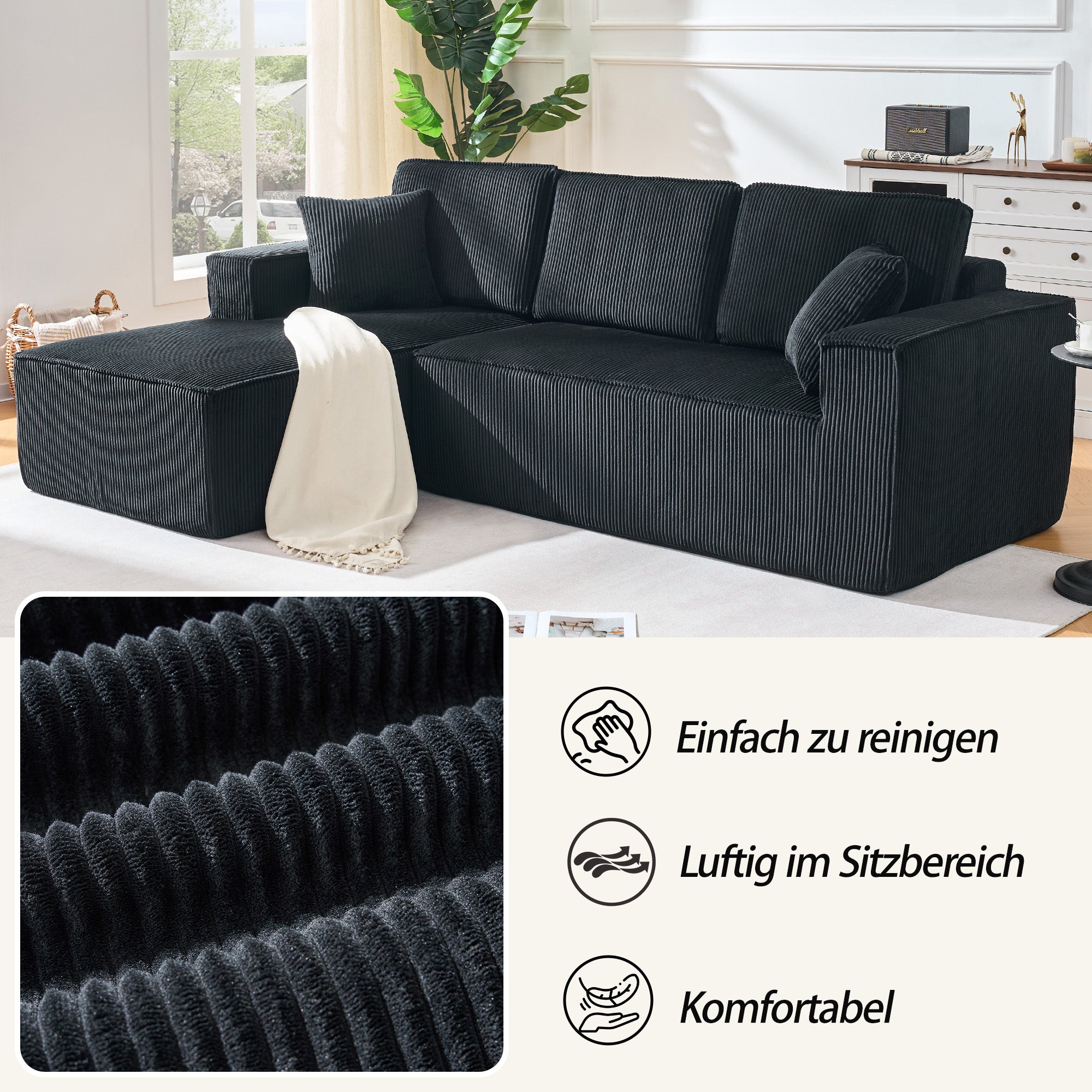 L-shaped Modular Corner Sofa 2-Seater Chaise Black Corduroy Fabric