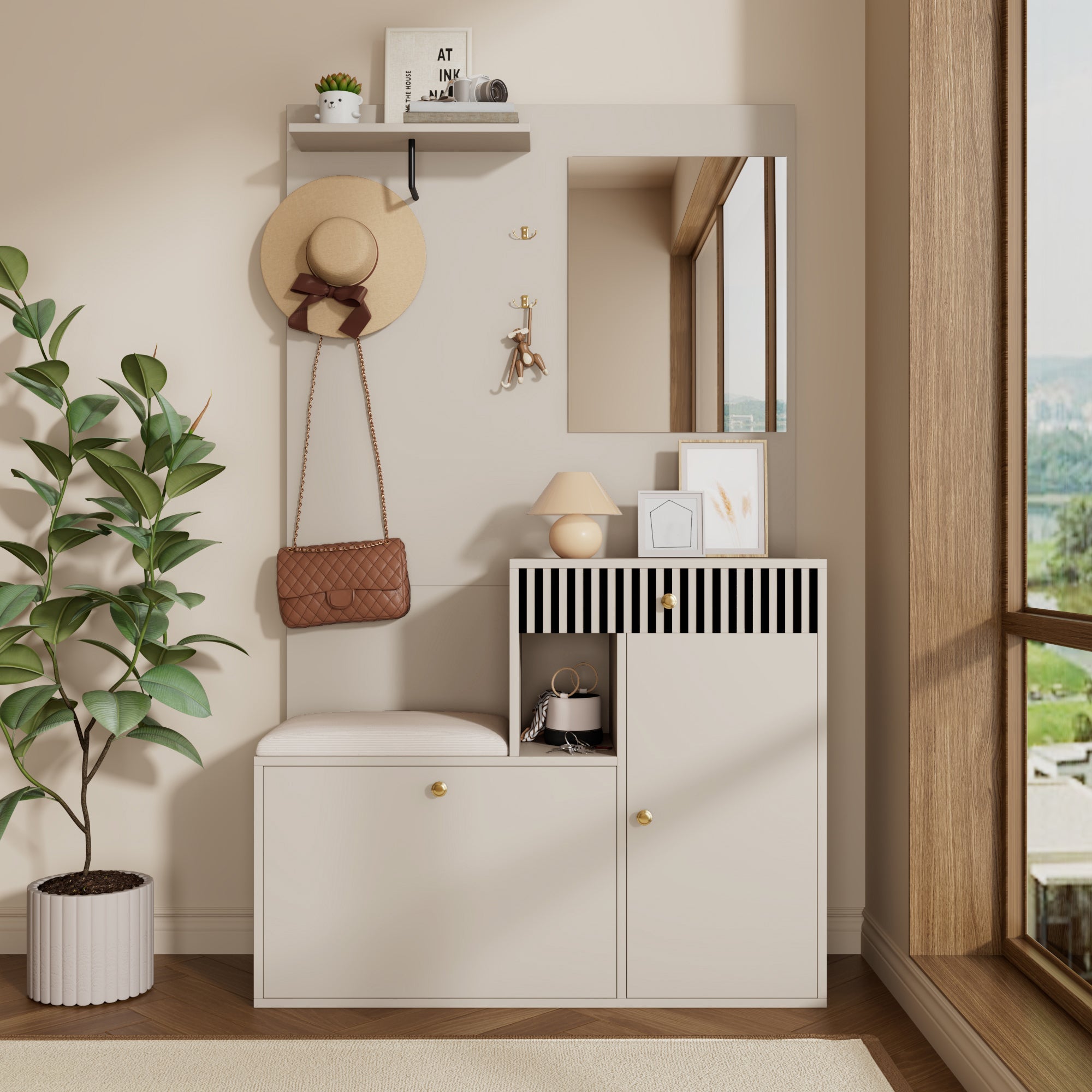 Wardrobe Set, Hallway with Mirror & Cushions, Shoe Cabinet, 110 x 185.5 x 37 cm, Compact