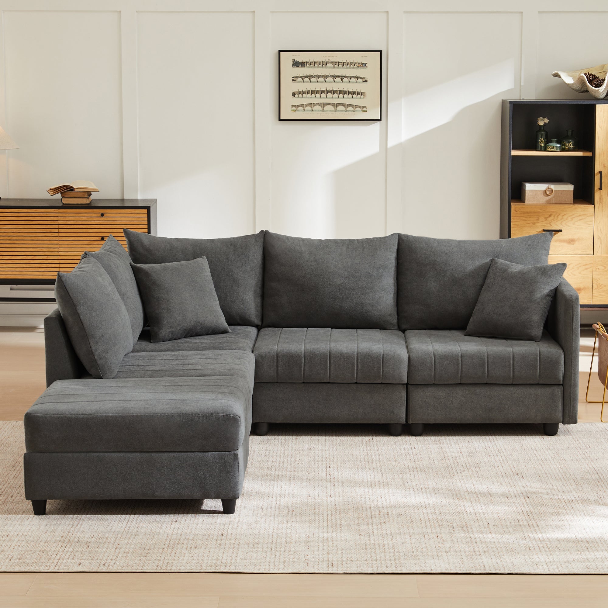 Modern Modular Corner Sofa, 5-Seater with Convertible Footstool, Cotton and Linen Grey