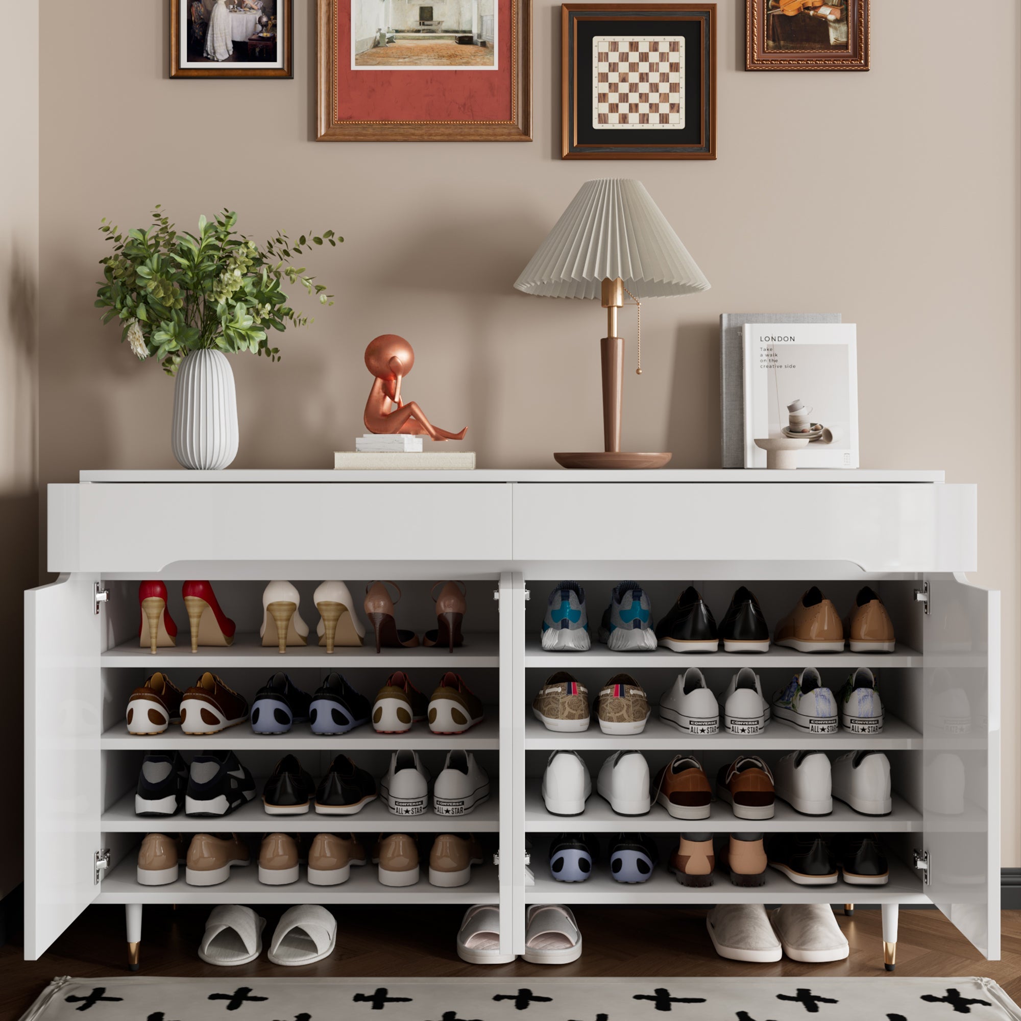Modern Shoe Cabinet, 2 Doors 2 Drawers Adjustable Shelves, Gold Legs