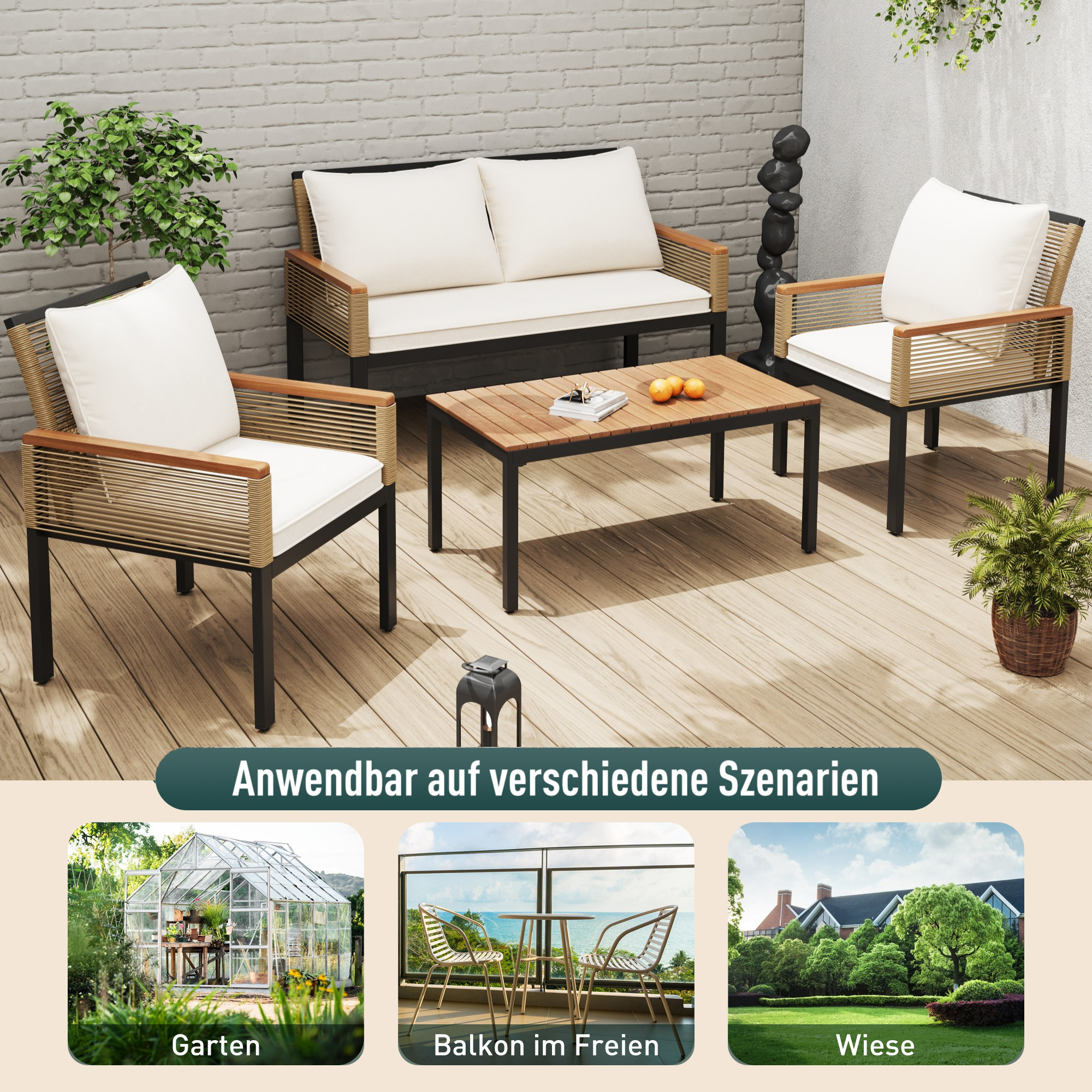 Garden Lounge Set with Double Sofa and 2 Armchairs, Rattan Beige