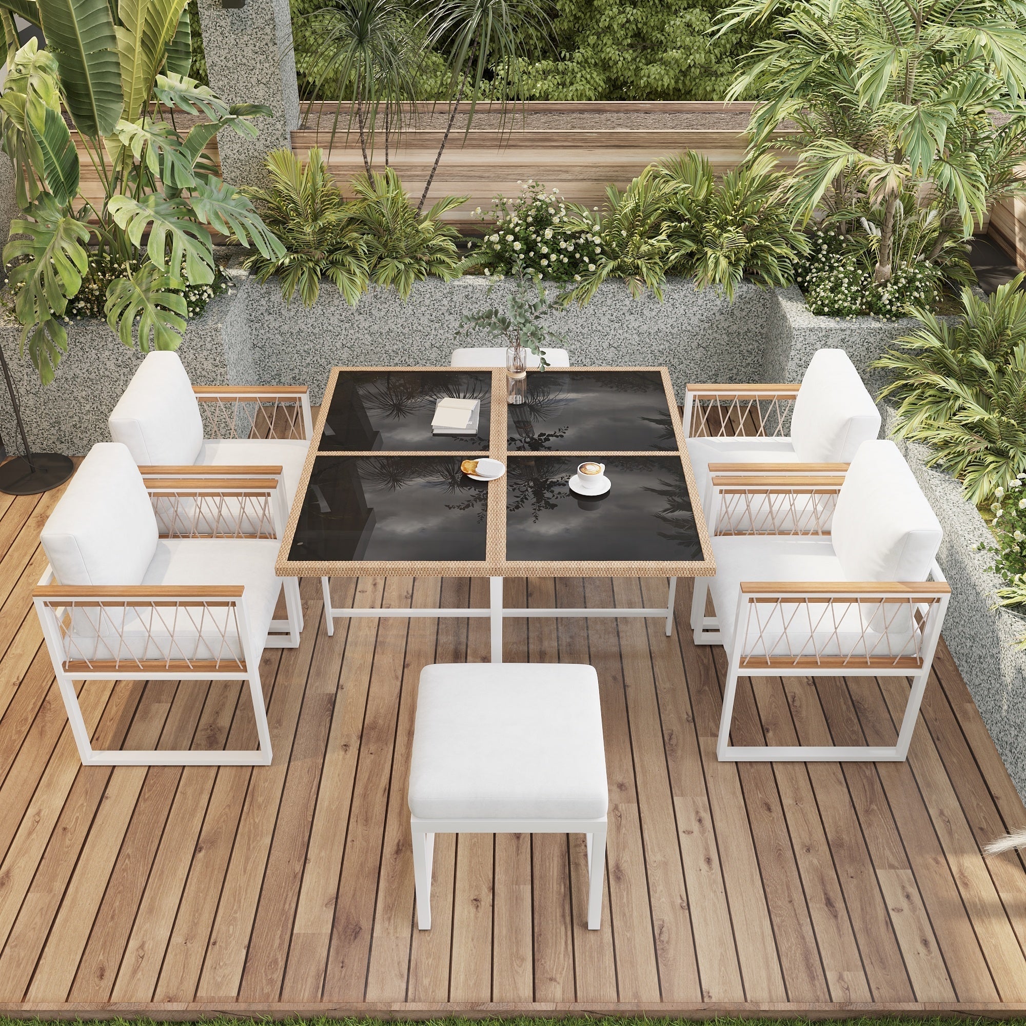 7-Piece Garden Furniture Set 6-Seater Tempered Glass WPC - Outdoor